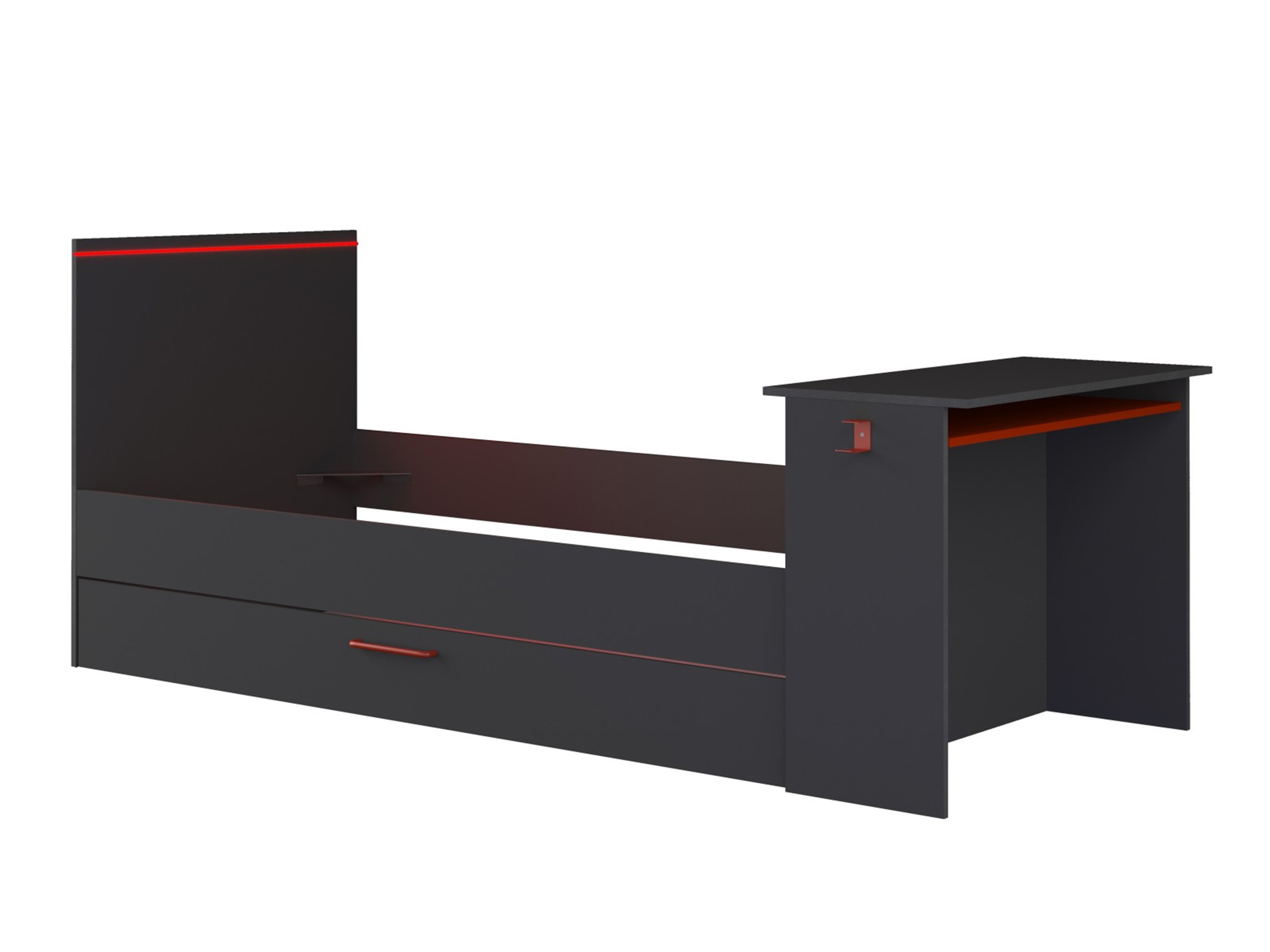 Kompakt Gaming Seng med Skrivebord og Uttrekkbar Gjesteseng 90x200 - Sort/Rød