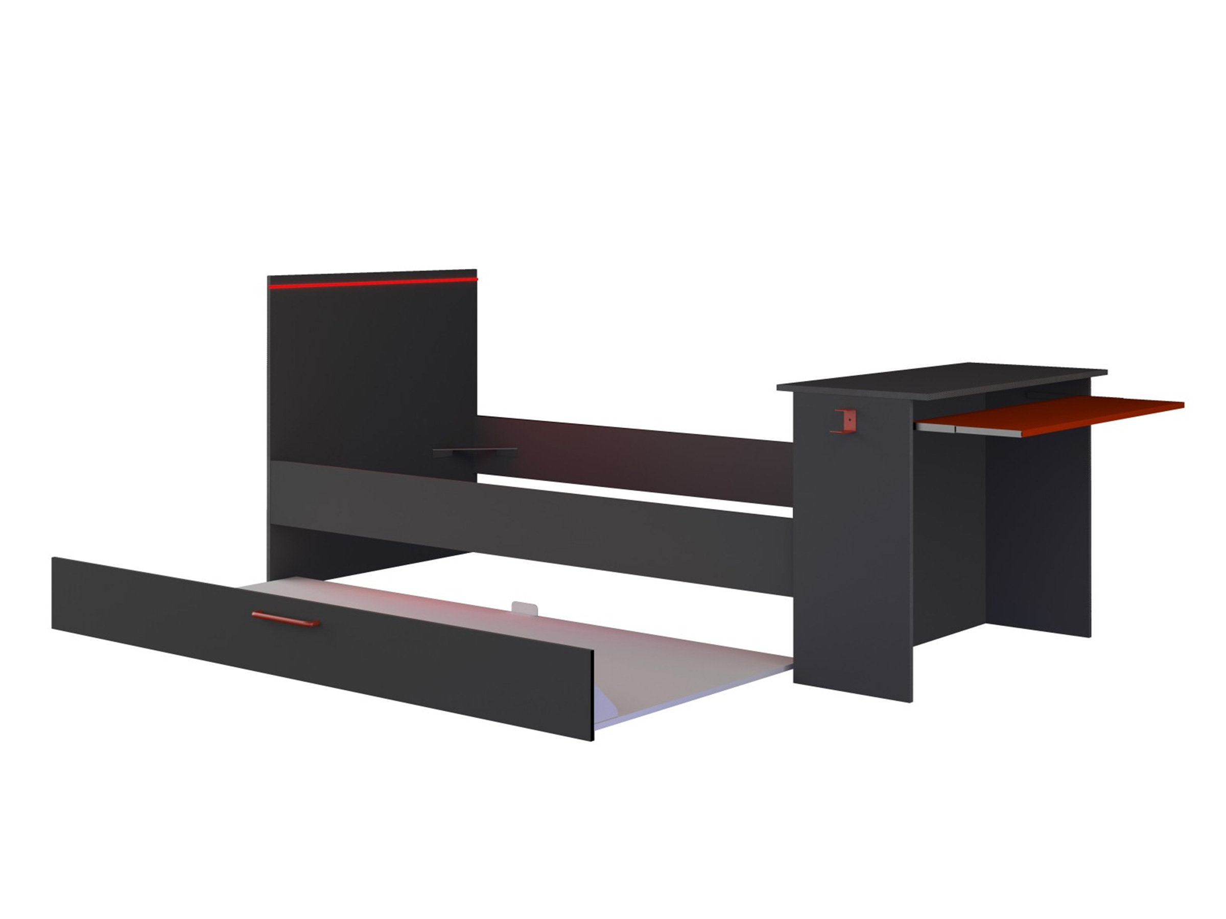 Kompakt Gaming Seng med Skrivebord og Uttrekkbar Gjesteseng 90x200 - Sort/Rød