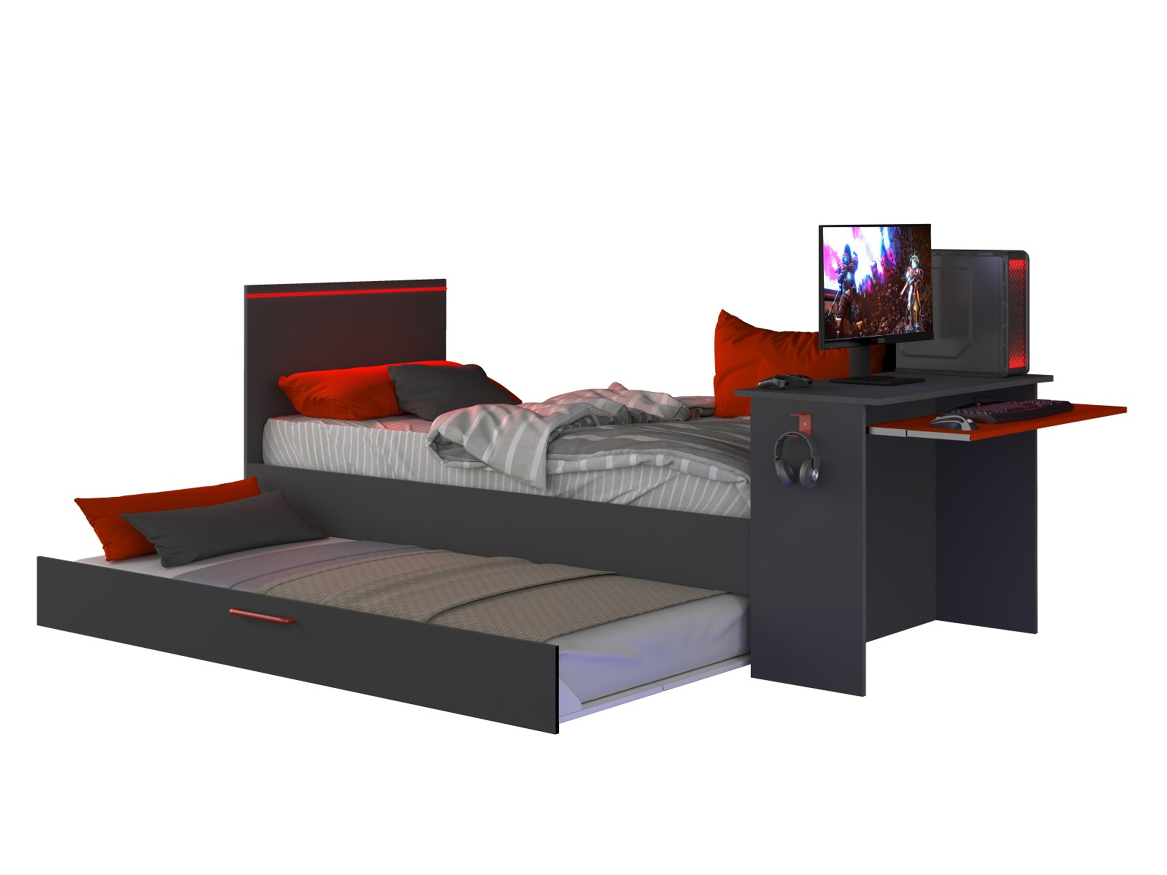 Kompakt Gaming Seng med Skrivebord og Uttrekkbar Gjesteseng 90x200 - Sort/Rød