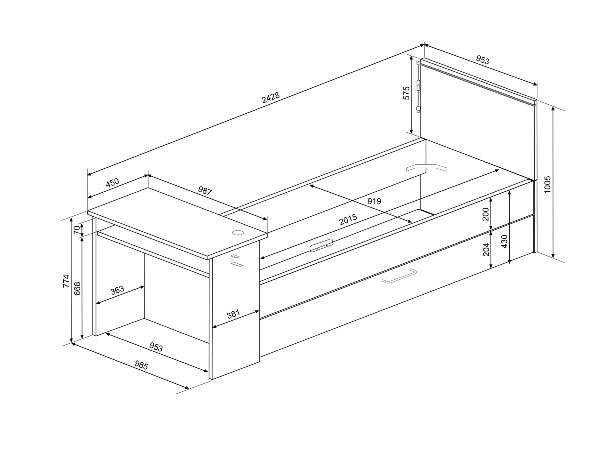 Kompakt Gaming Seng med Skrivebord og Uttrekkbar Gjesteseng 90x200 - Sort/Rød