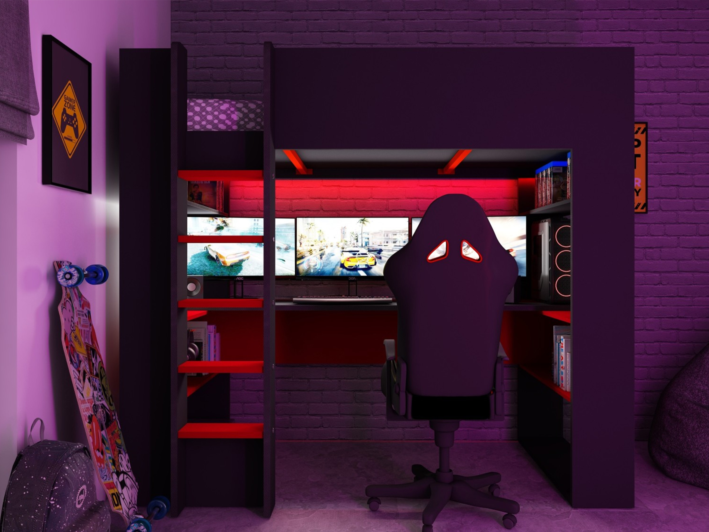 High Ultimate Gaming Loftseng 90x200 - Sort/Rød