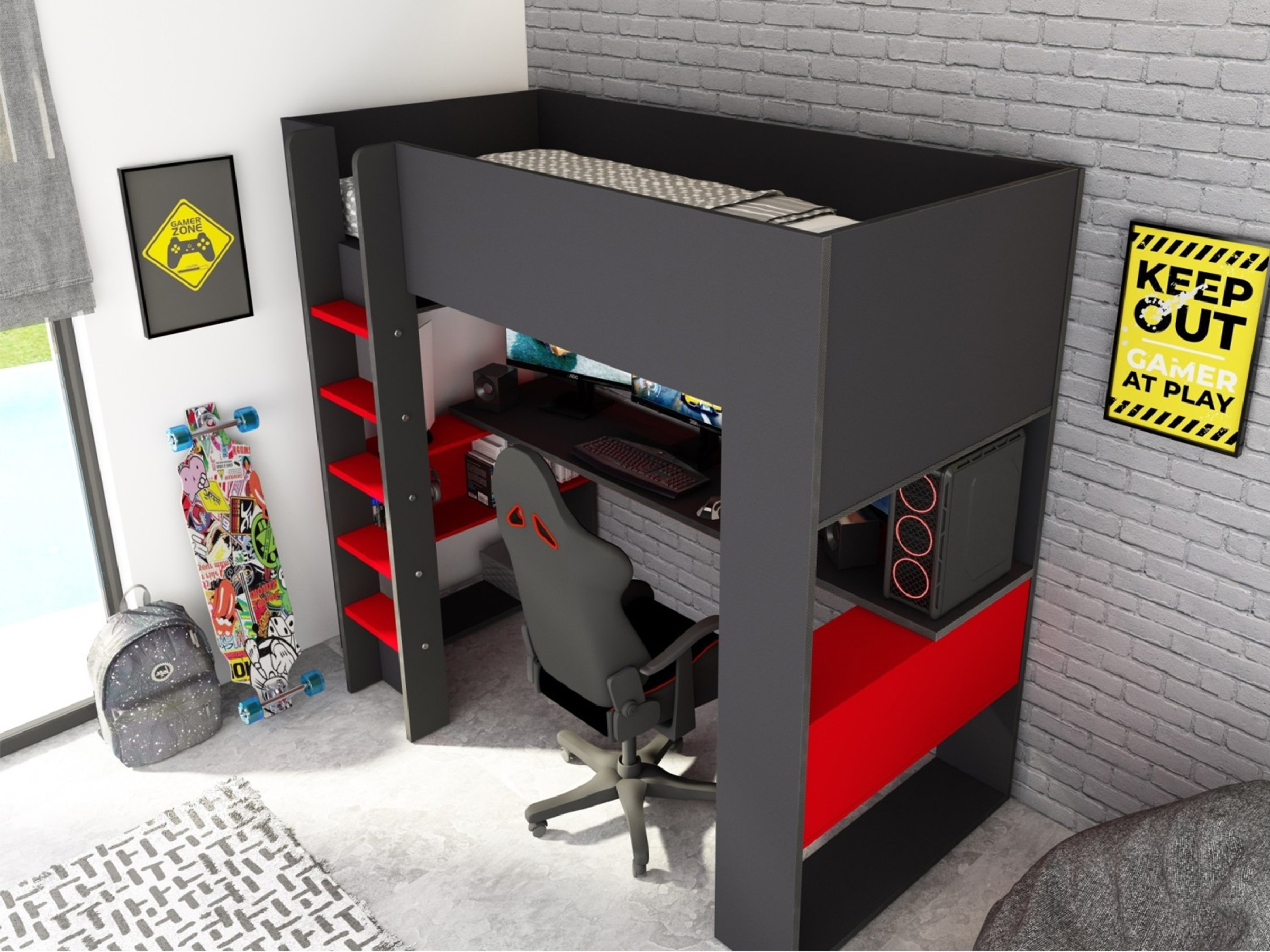 High Ultimate Gaming Loftseng 90x200 - Sort/Rød