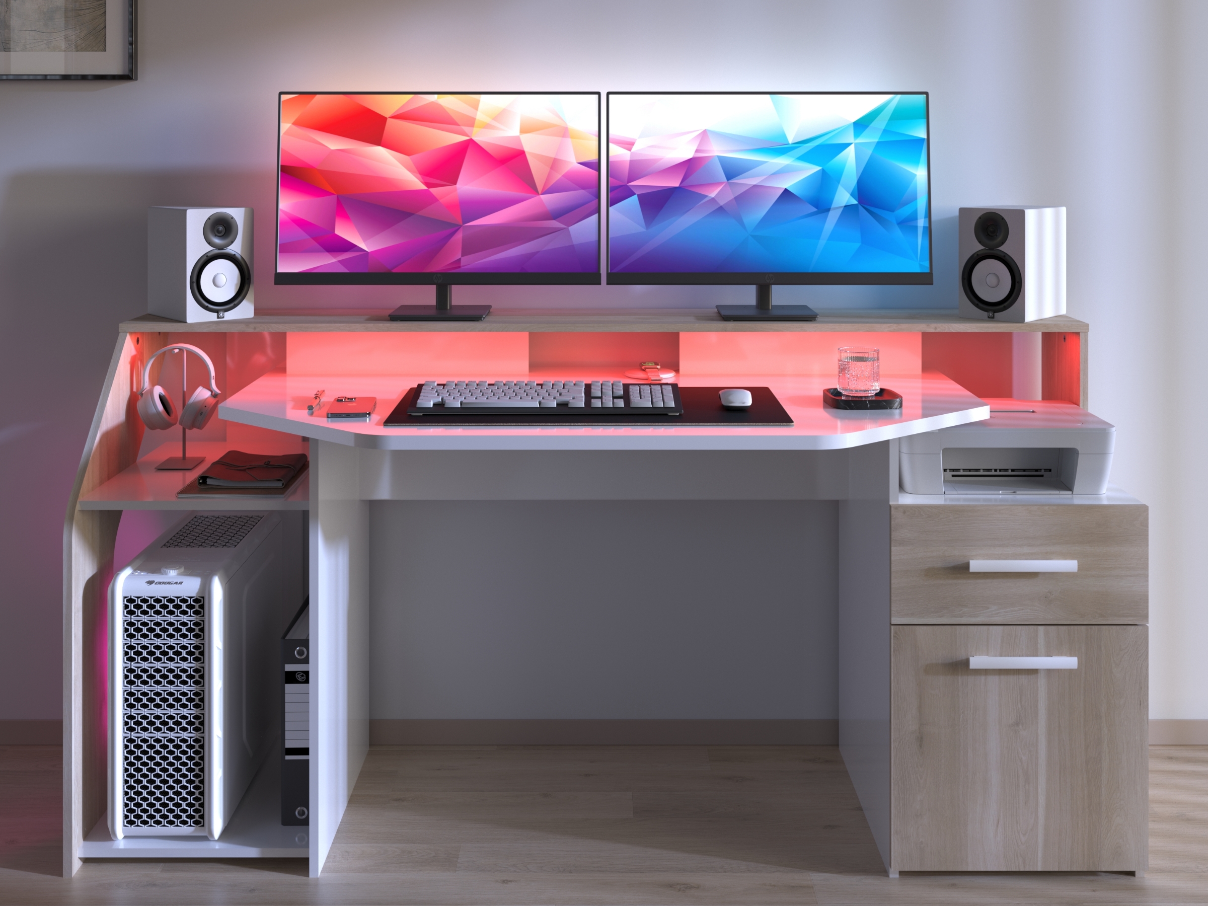 Silver Skrivebord med LED-LYS - Natur/Hvit