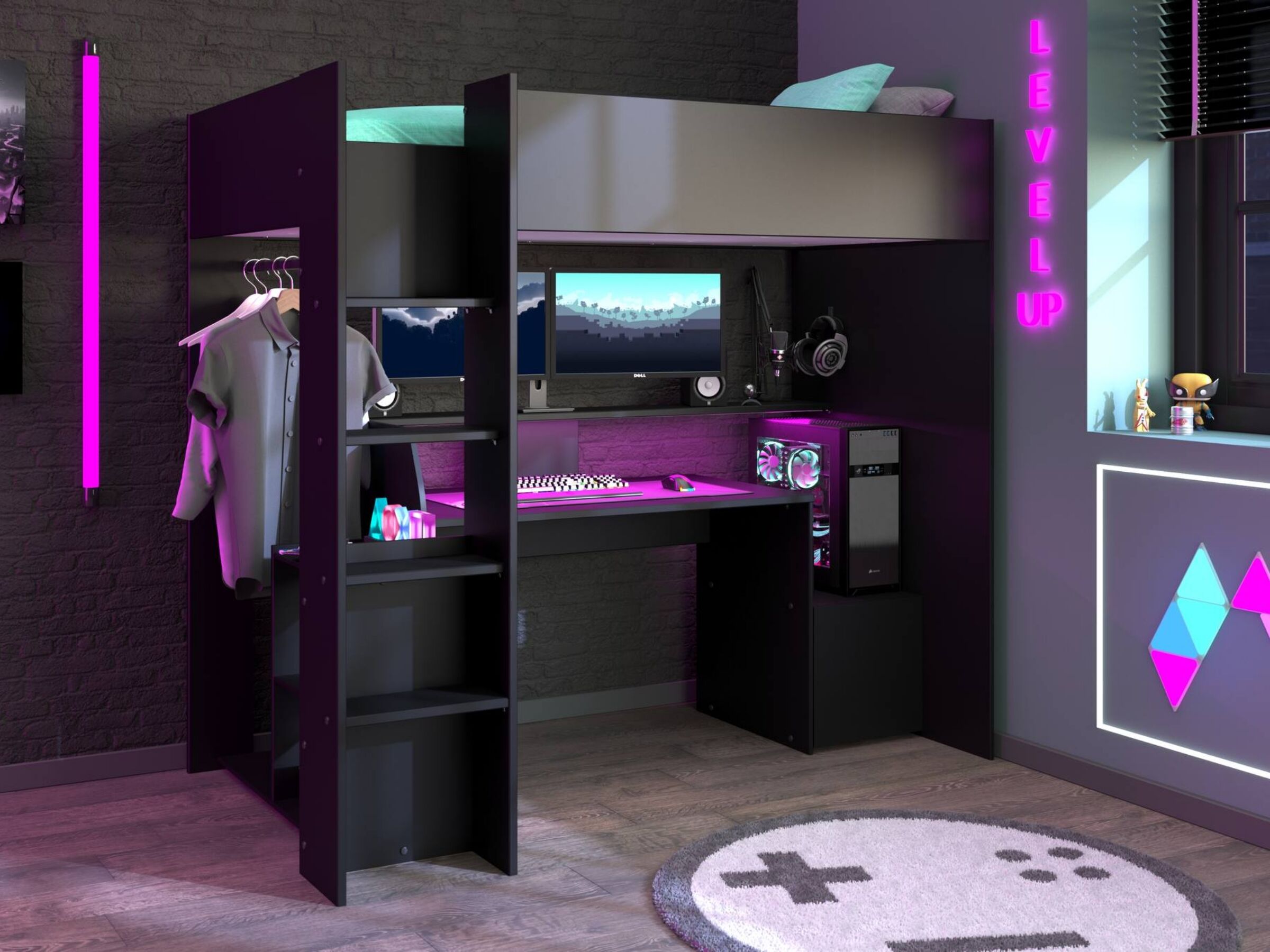 Kompakt Gaming Loftseng med Skrivebord og Garderobe 90x200 – Sort