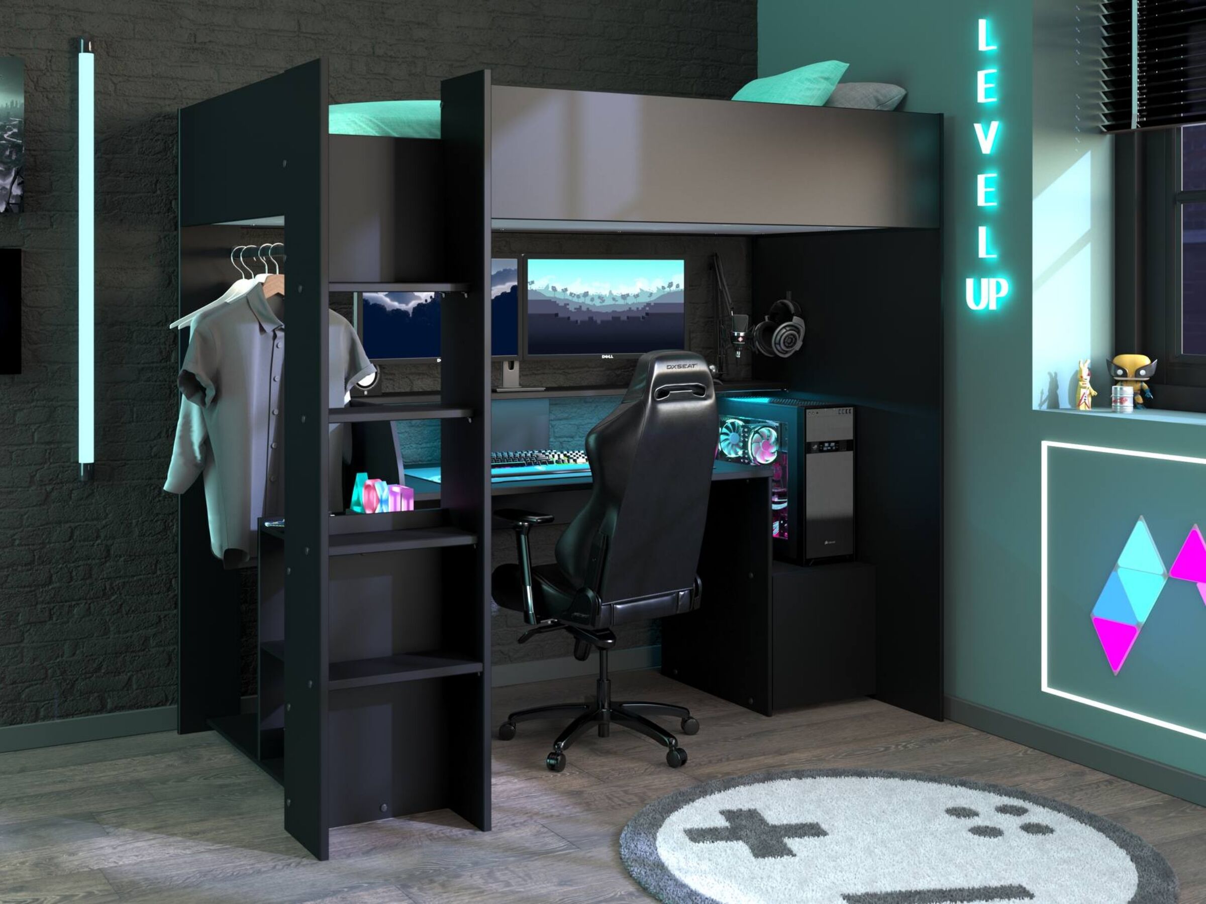 Kompakt Gaming Loftseng med Skrivebord og Garderobe 90x200 – Sort