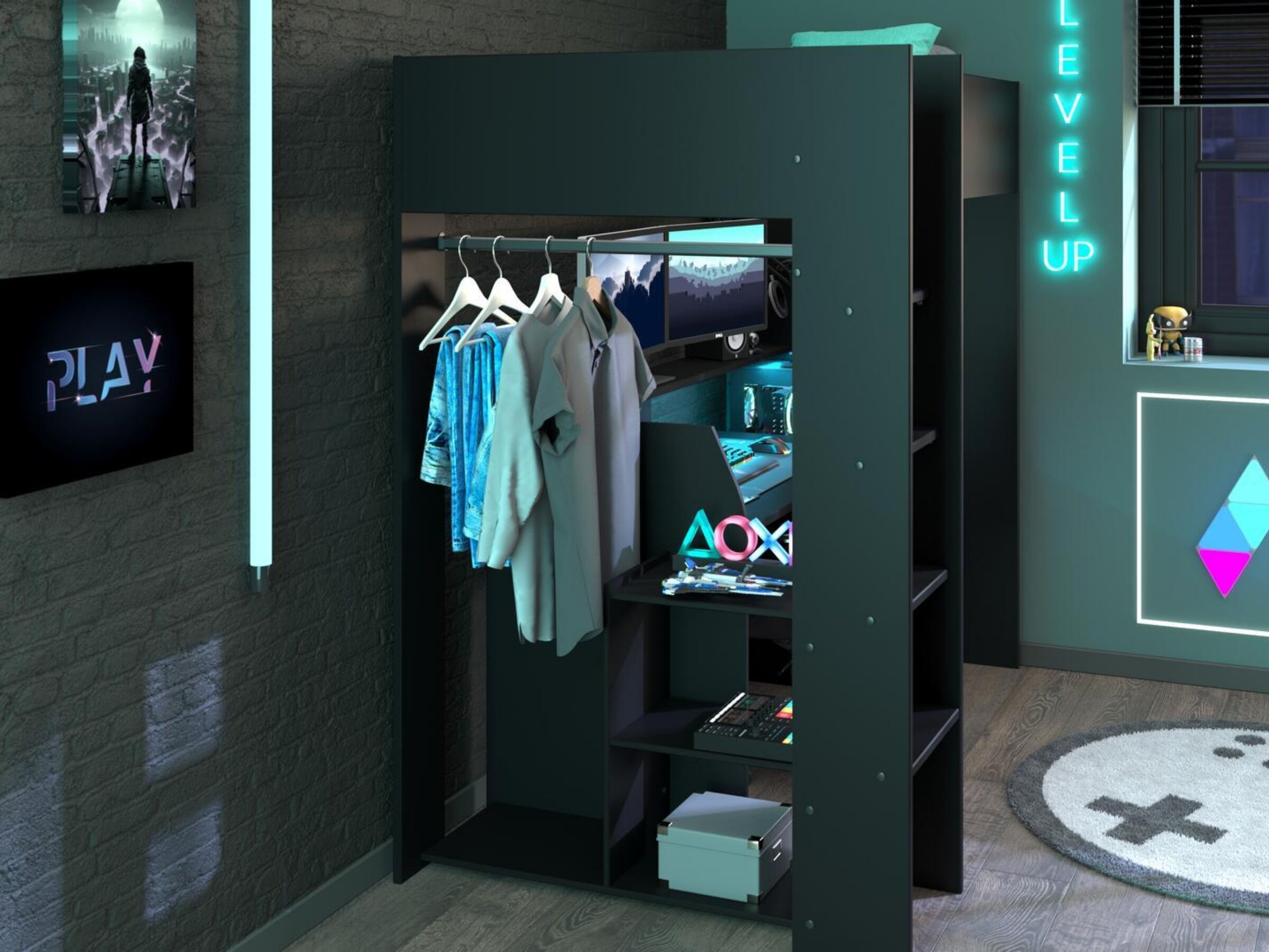 Kompakt Gaming Loftseng med Skrivebord og Garderobe 90x200 – Sort