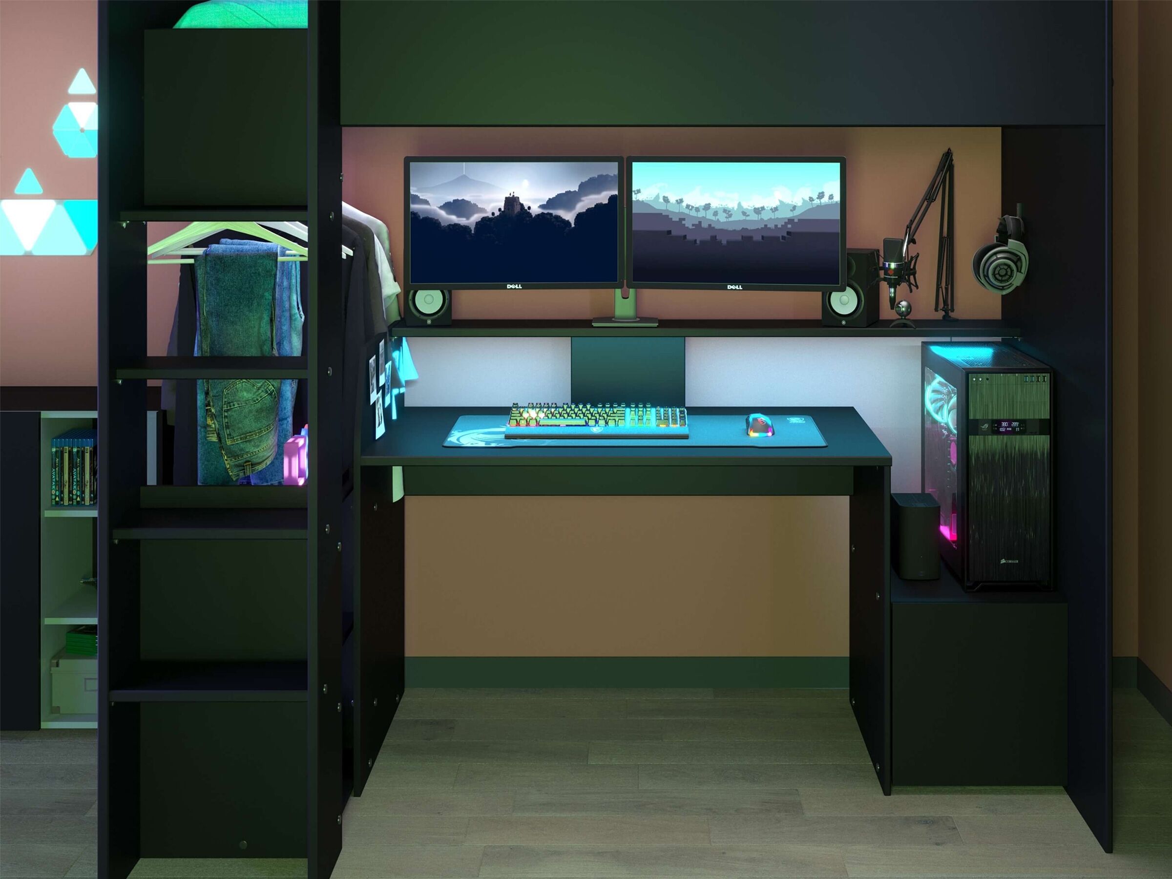 Kompakt Gaming Loftseng med Skrivebord og Garderobe 90x200 – Sort