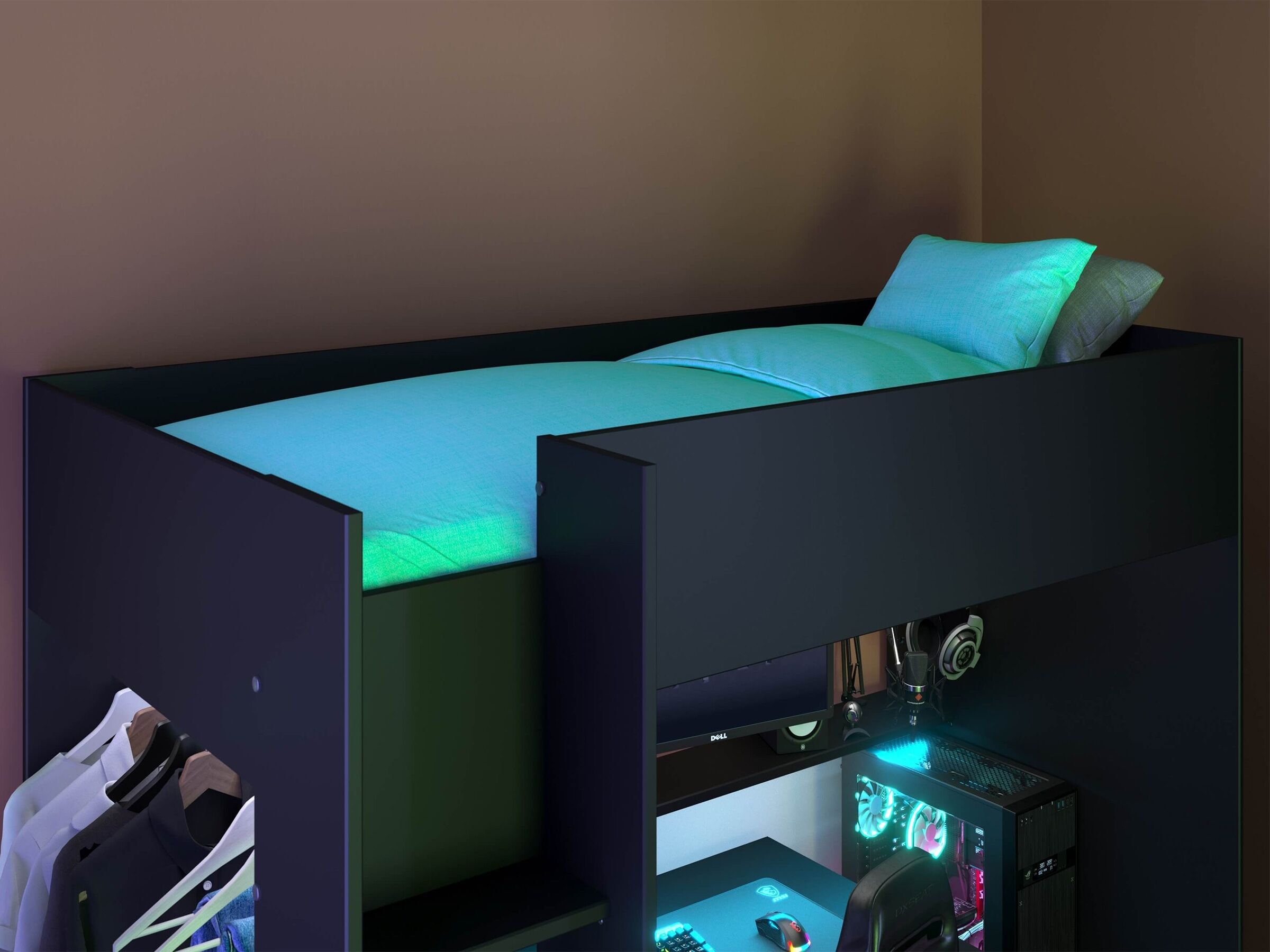 Kompakt Gaming Loftseng med Skrivebord og Garderobe 90x200 – Sort