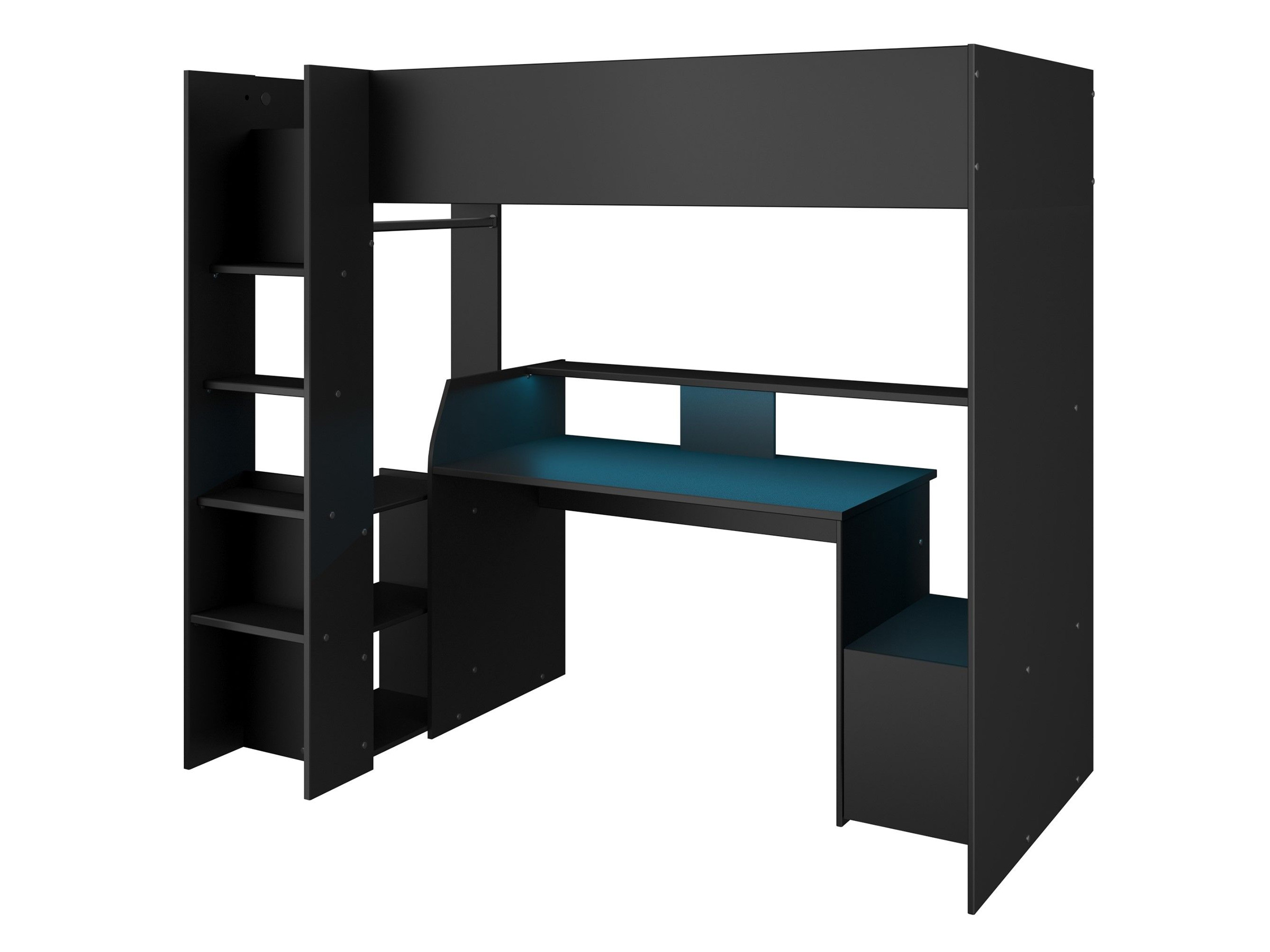 Kompakt Gaming Loftseng med Skrivebord og Garderobe 90x200 – Sort