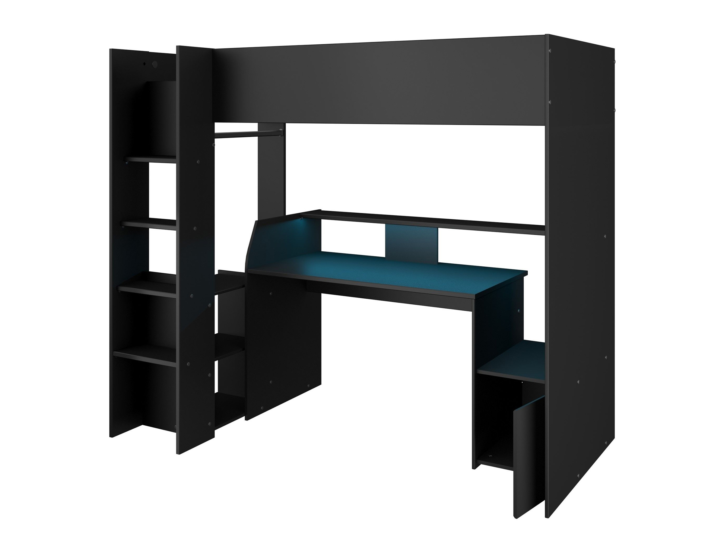 Kompakt Gaming Loftseng med Skrivebord og Garderobe 90x200 – Sort