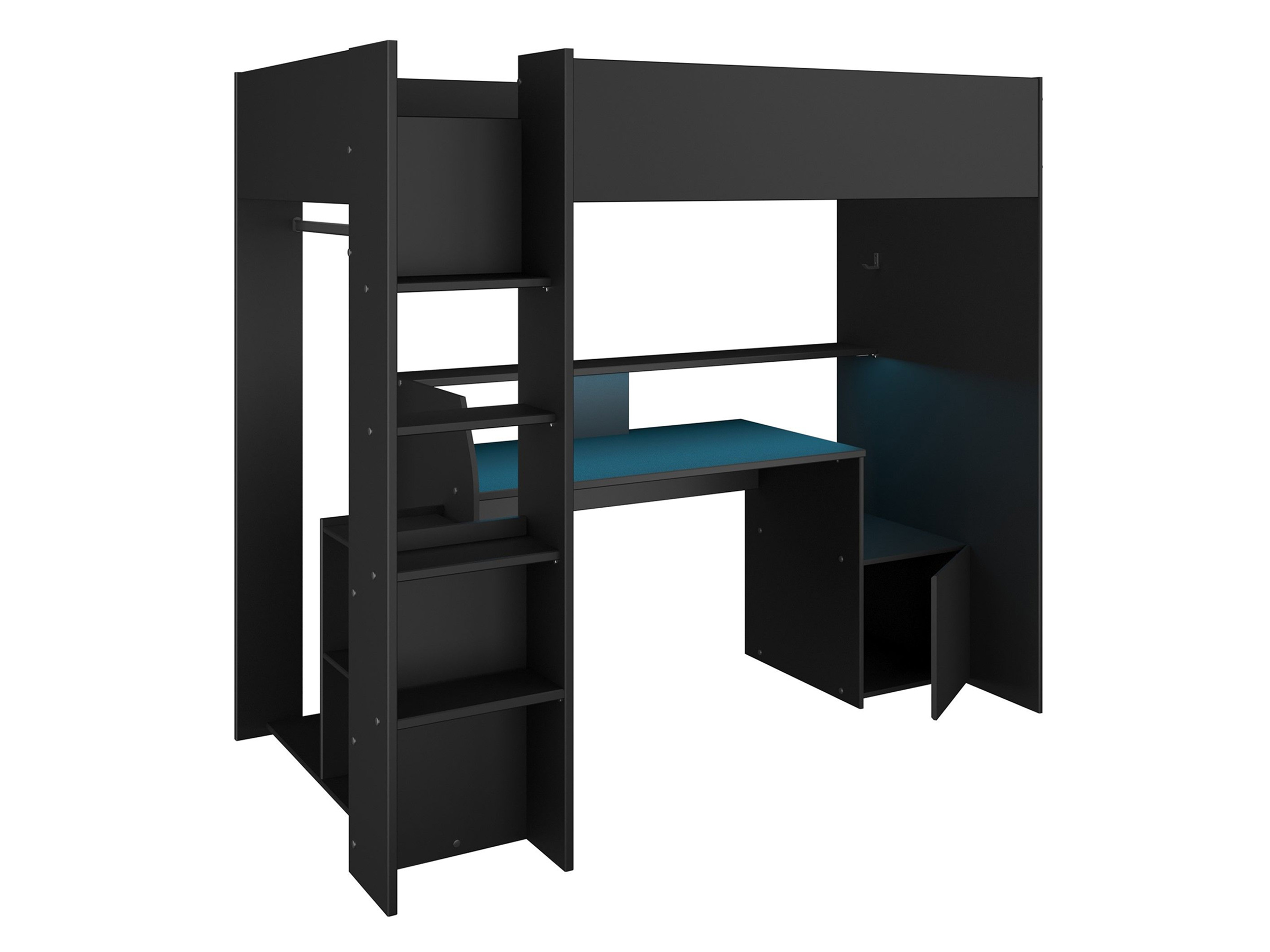 Kompakt Gaming Loftseng med Skrivebord og Garderobe 90x200 – Sort