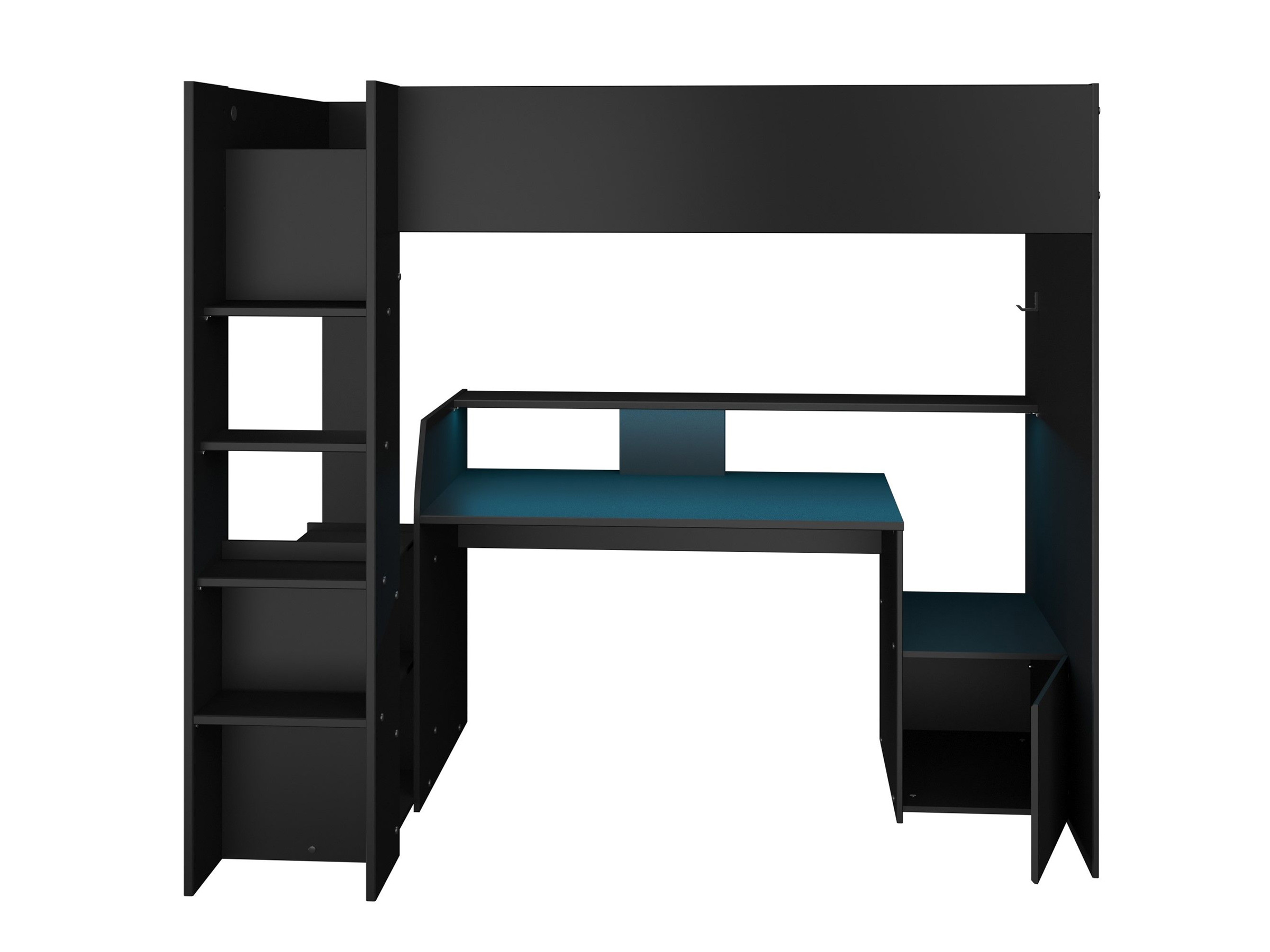 Kompakt Gaming Loftseng med Skrivebord og Garderobe 90x200 – Sort