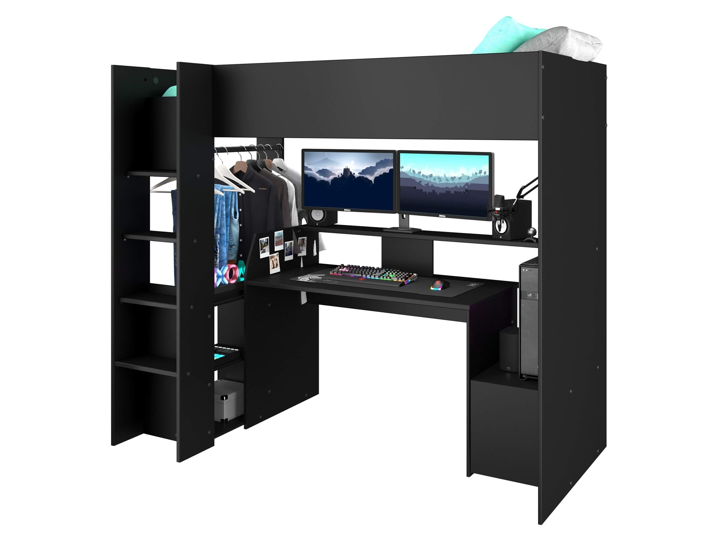 Kompakt Gaming Loftseng med Skrivebord og Garderobe 90x200 – Sort