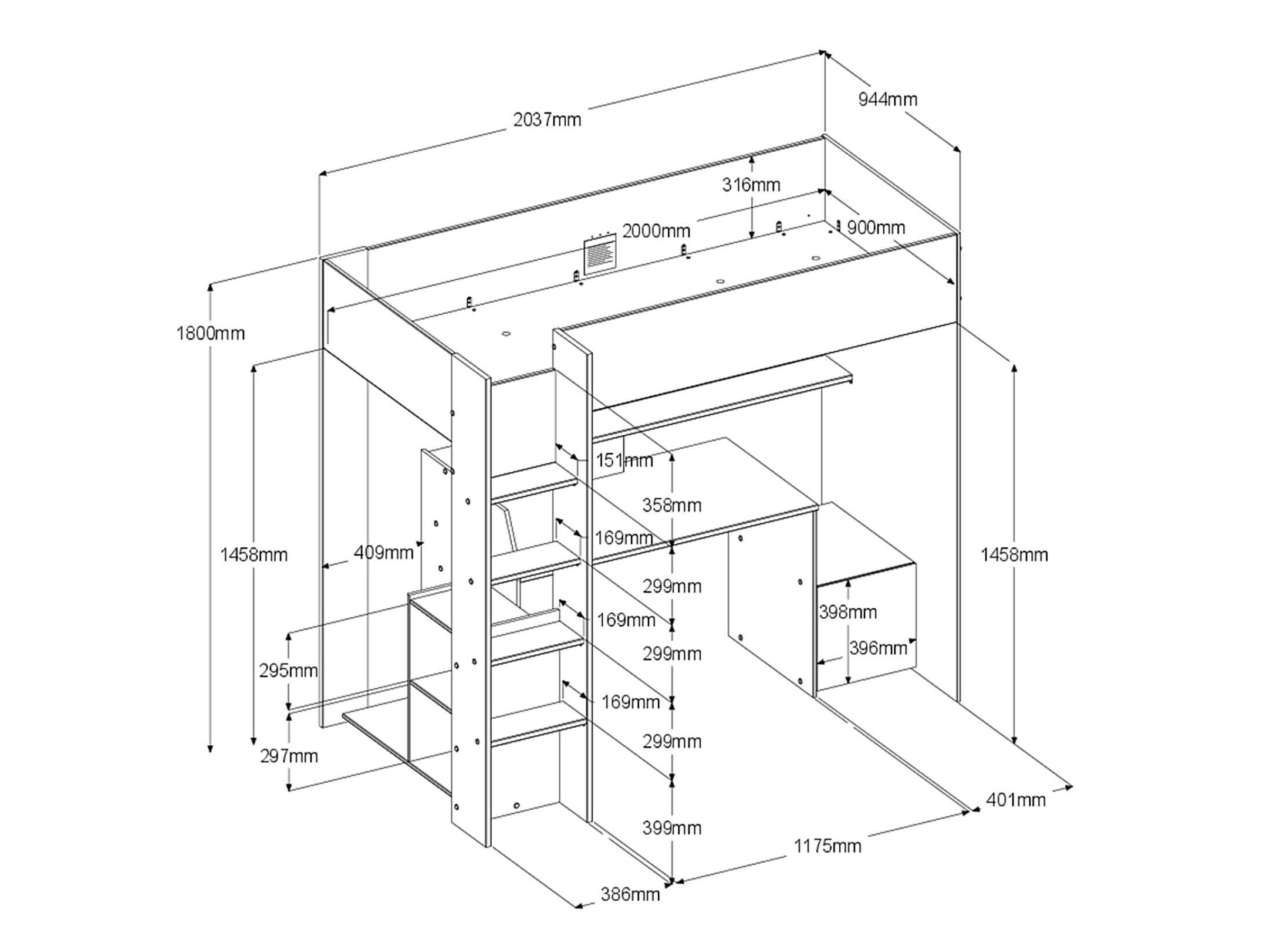 Kompakt Gaming Loftseng med Skrivebord og Garderobe 90x200 – Sort