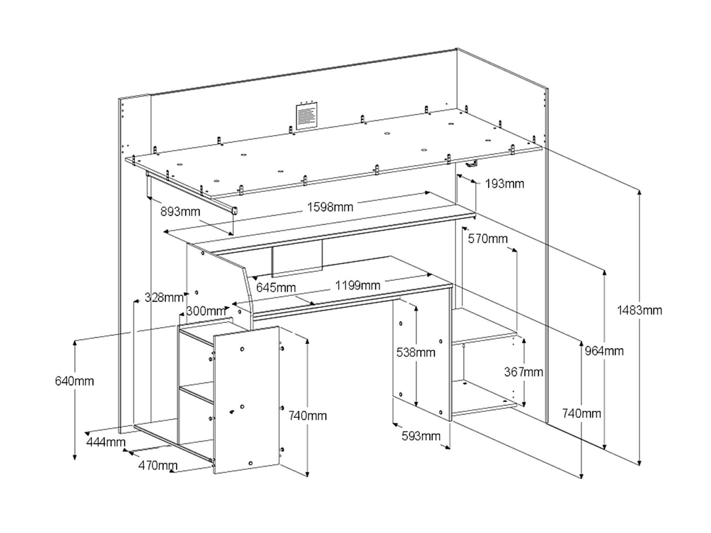 Kompakt Gaming Loftseng med Skrivebord og Garderobe 90x200 – Sort