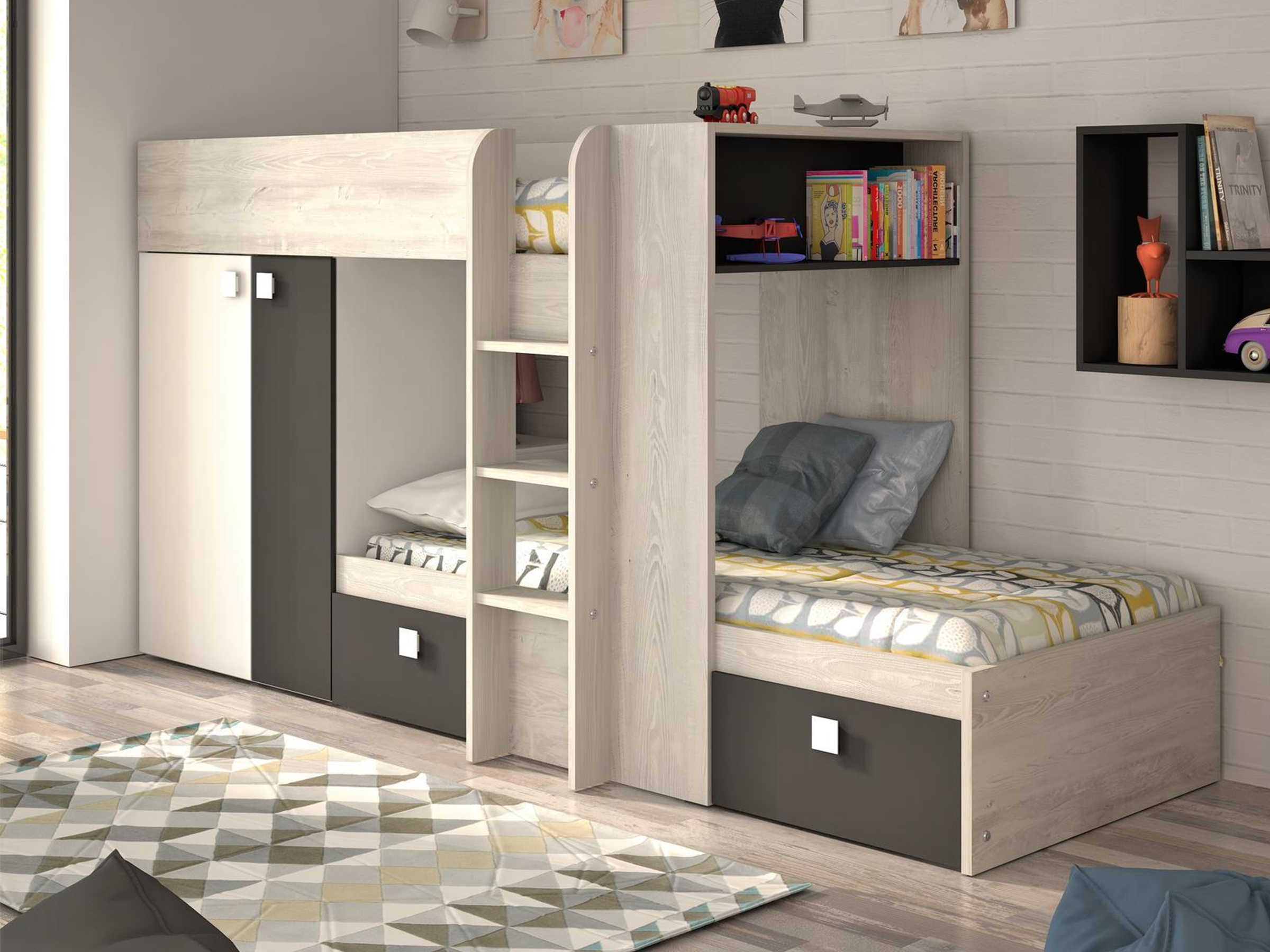 Almond Multi Køyeseng med Garderobe 90x190 - Natur/Hvit/Sort