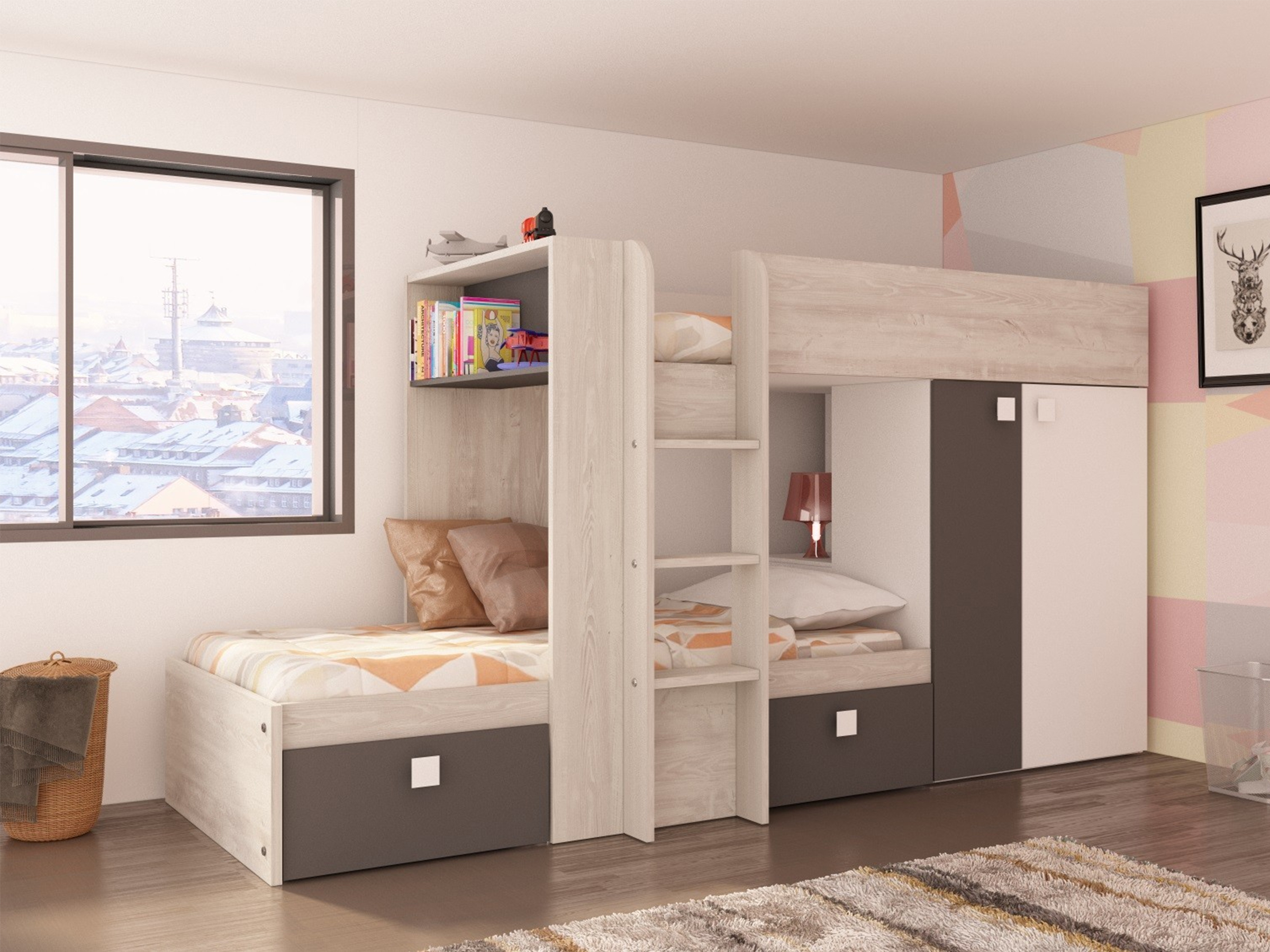 Almond Multi Køyeseng med Garderobe 90x190 - Natur/Hvit/Sort