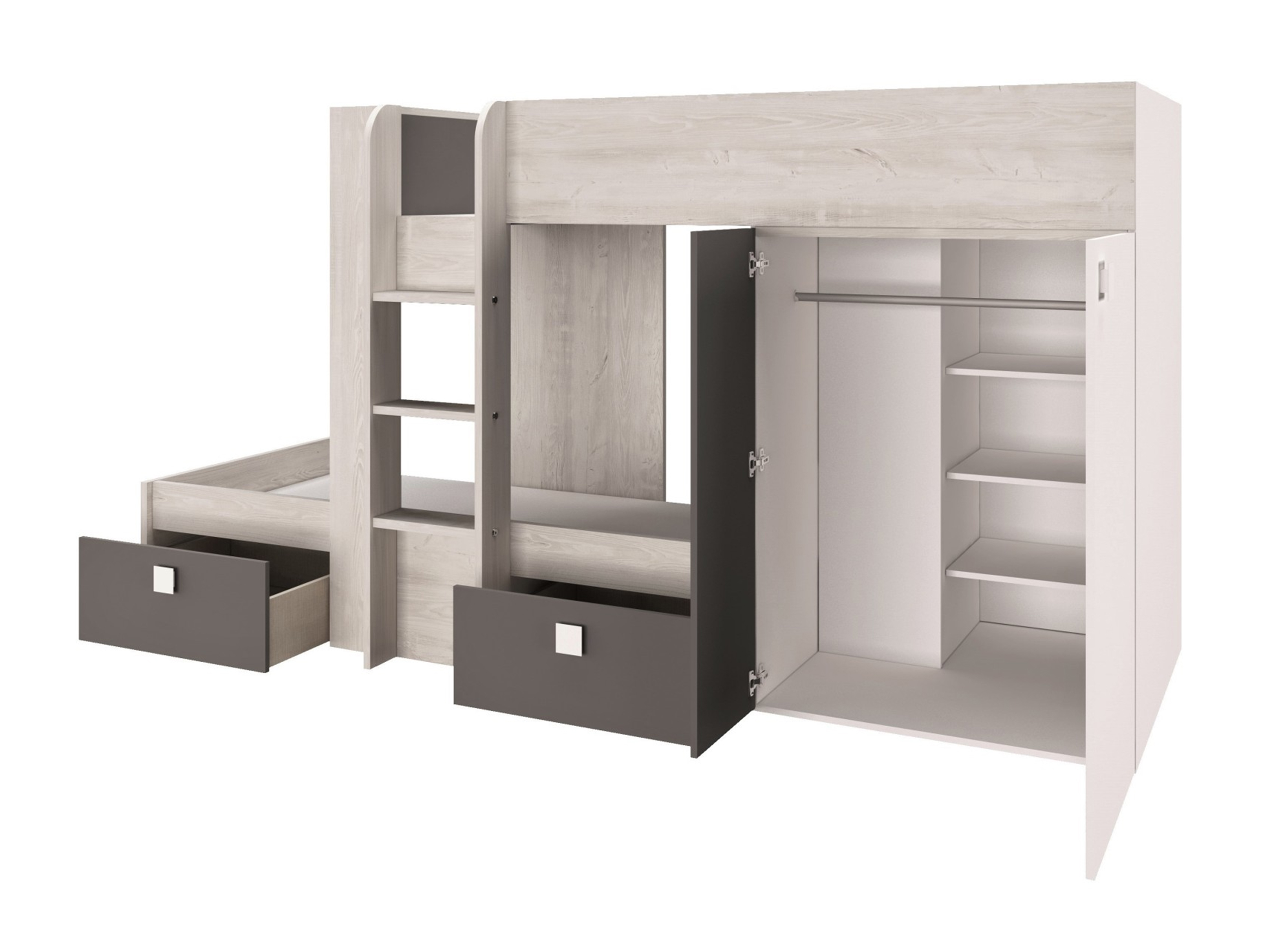 Almond Multi Køyeseng med Garderobe 90x190 - Natur/Hvit/Sort