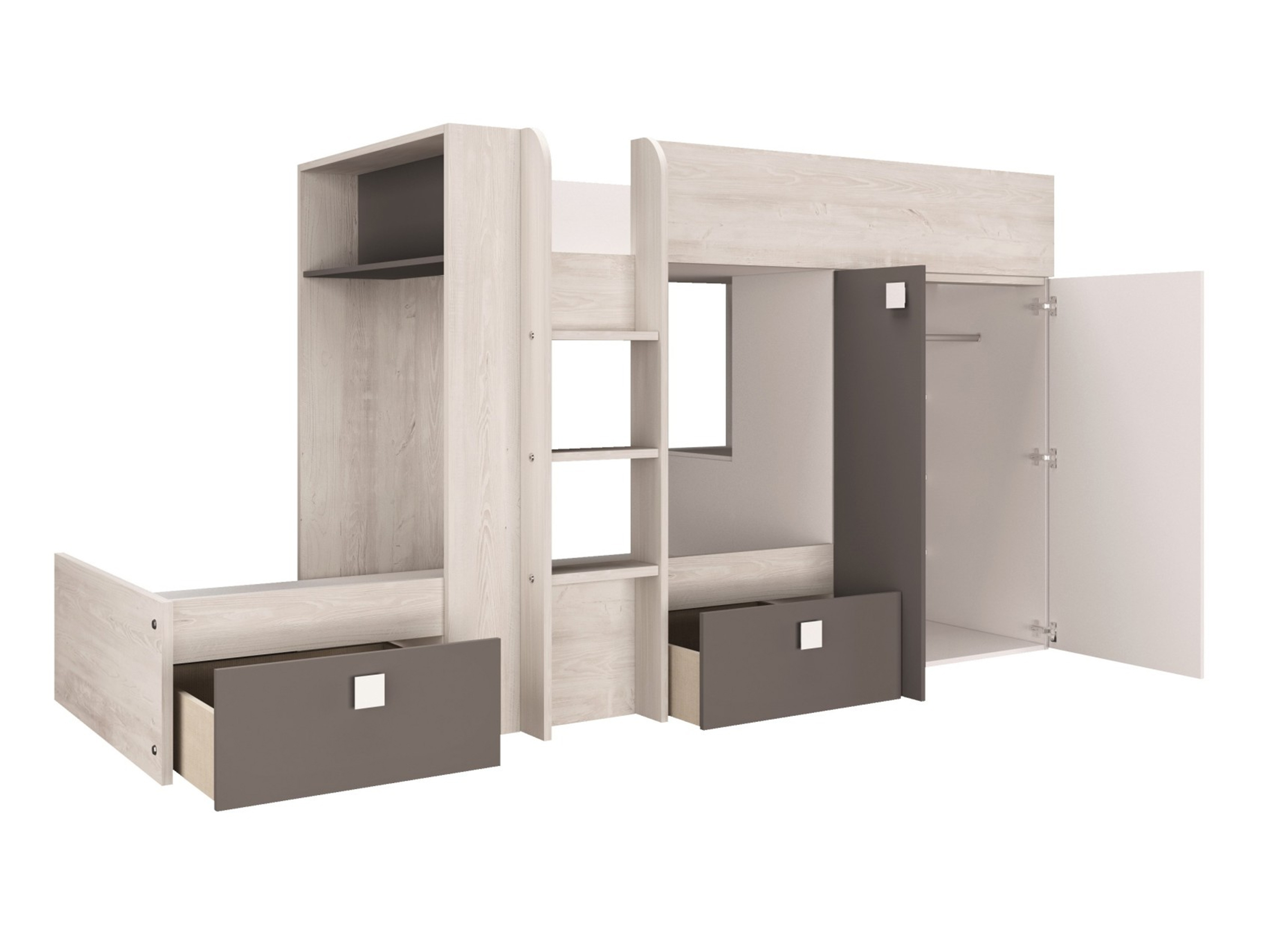 Almond Multi Køyeseng med Garderobe 90x190 - Natur/Hvit/Sort