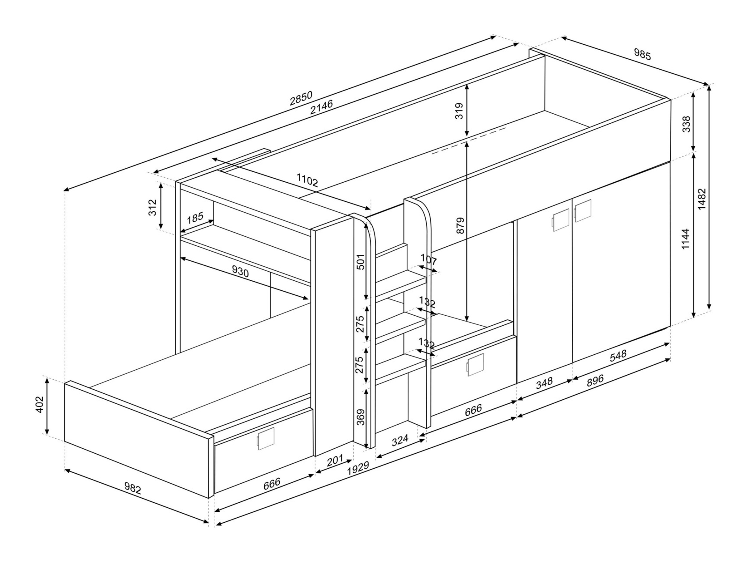Almond Multi Køyeseng med Garderobe 90x190 - Natur/Hvit/Sort