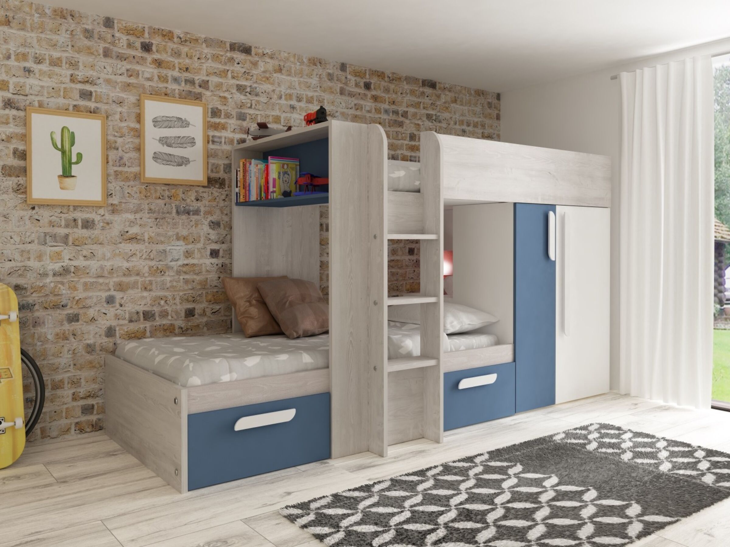 Melbourne Køyeseng med Garderobe og Skuff 90x200 - Blå/Natur