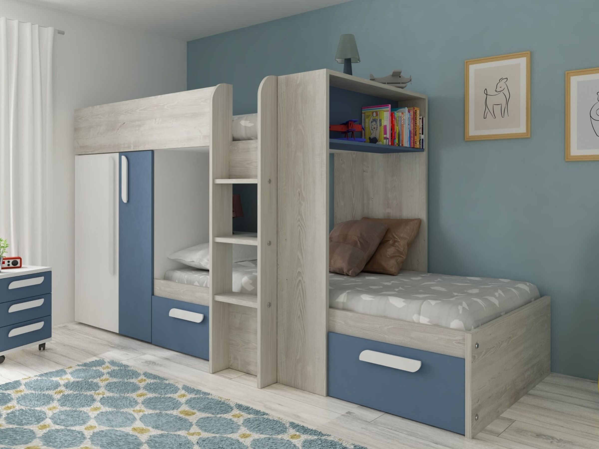 Melbourne Køyeseng med Garderobe og Skuff 90x200 - Blå/Natur