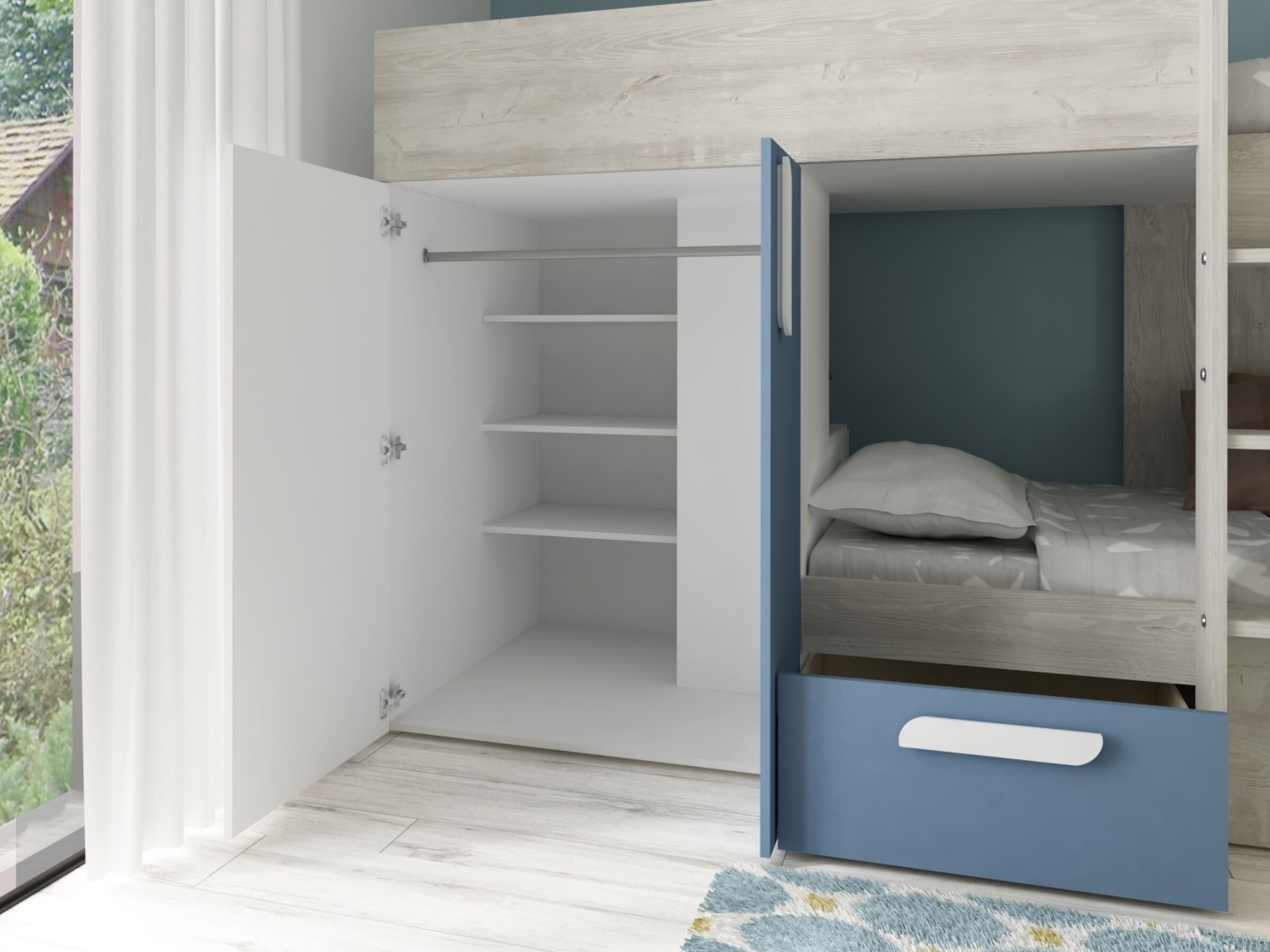 Melbourne Køyeseng med Garderobe og Skuff 90x200 - Blå/Natur