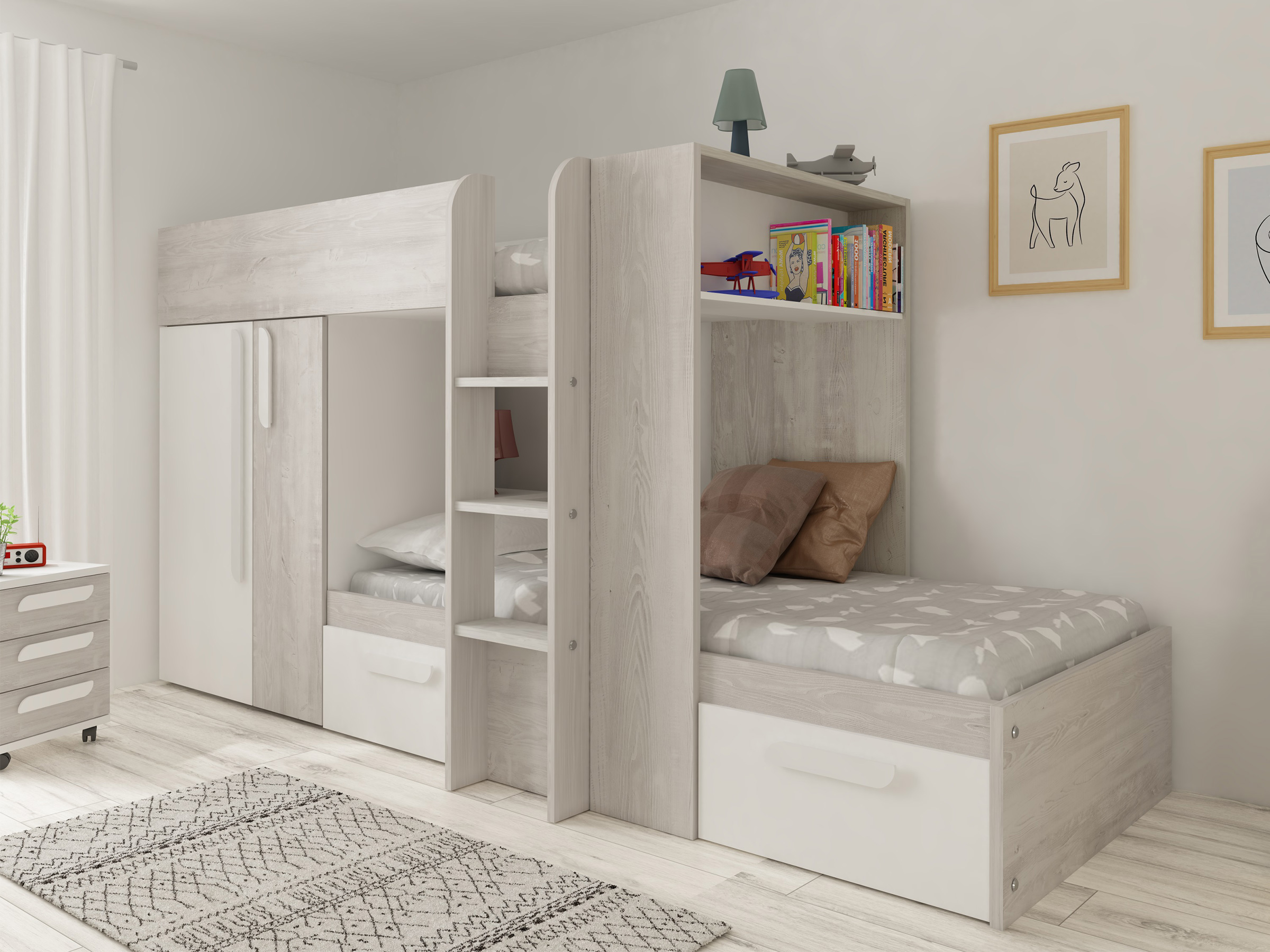Melbourne Køyeseng med Garderobe og Skuff 90x200 - Hvit/Natur
