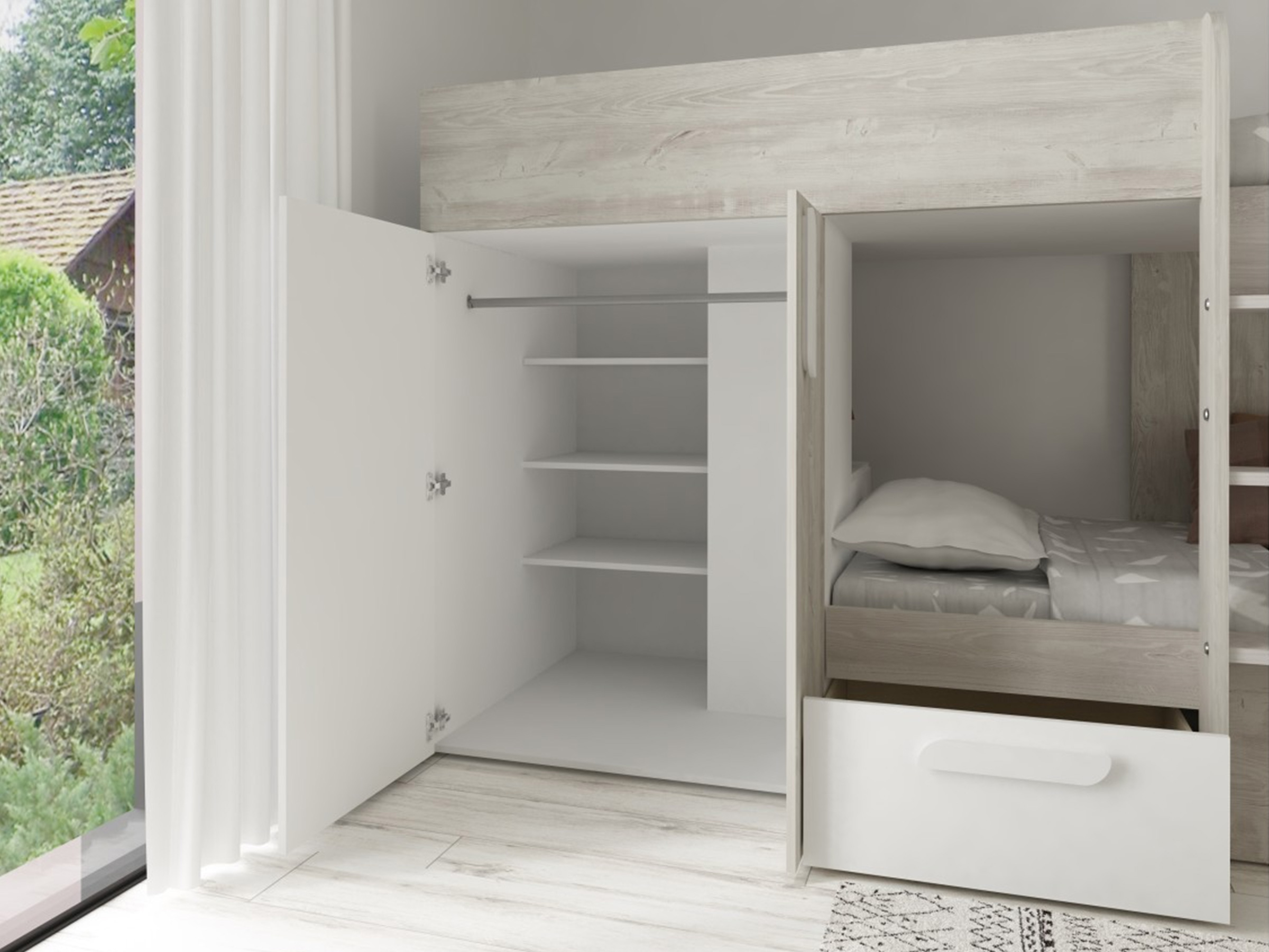 Melbourne Køyeseng med Garderobe og Skuff 90x200 - Hvit/Natur
