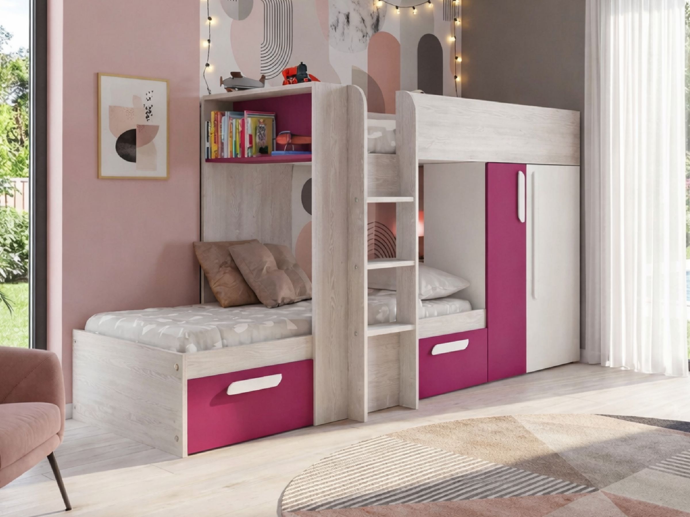 Melbourne Køyeseng med Garderobe og Skuff 90x190 - Rosa/Lilla/Natur