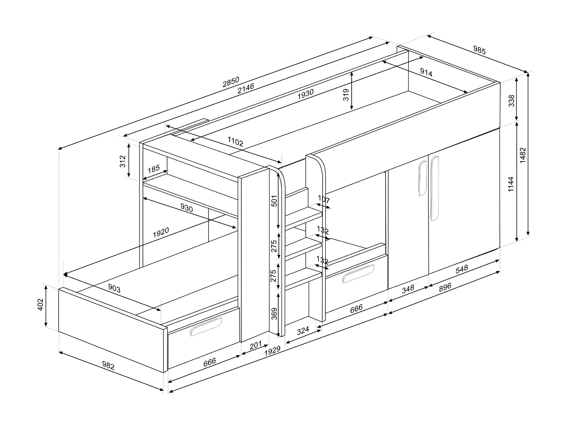Melbourne Køyeseng med Garderobe og Skuff 90x190 - Rosa/Lilla/Natur