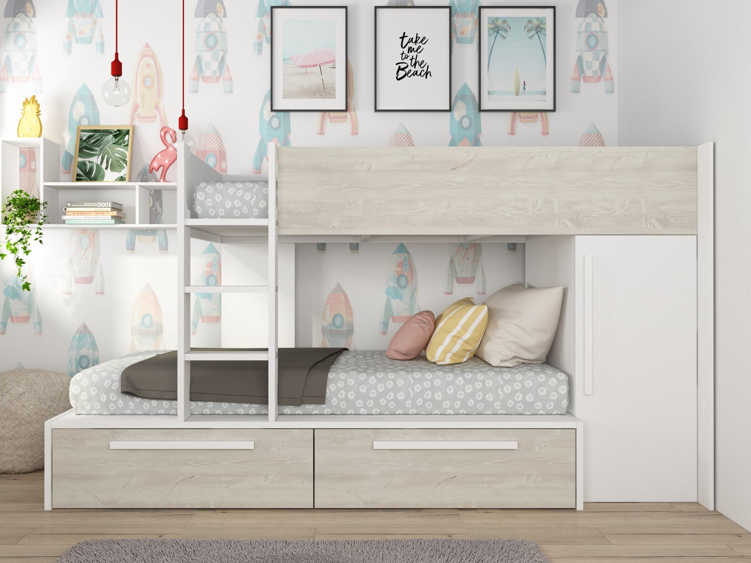 Onyx Køyeseng med garderobe 90x200 - Hvit/Natur