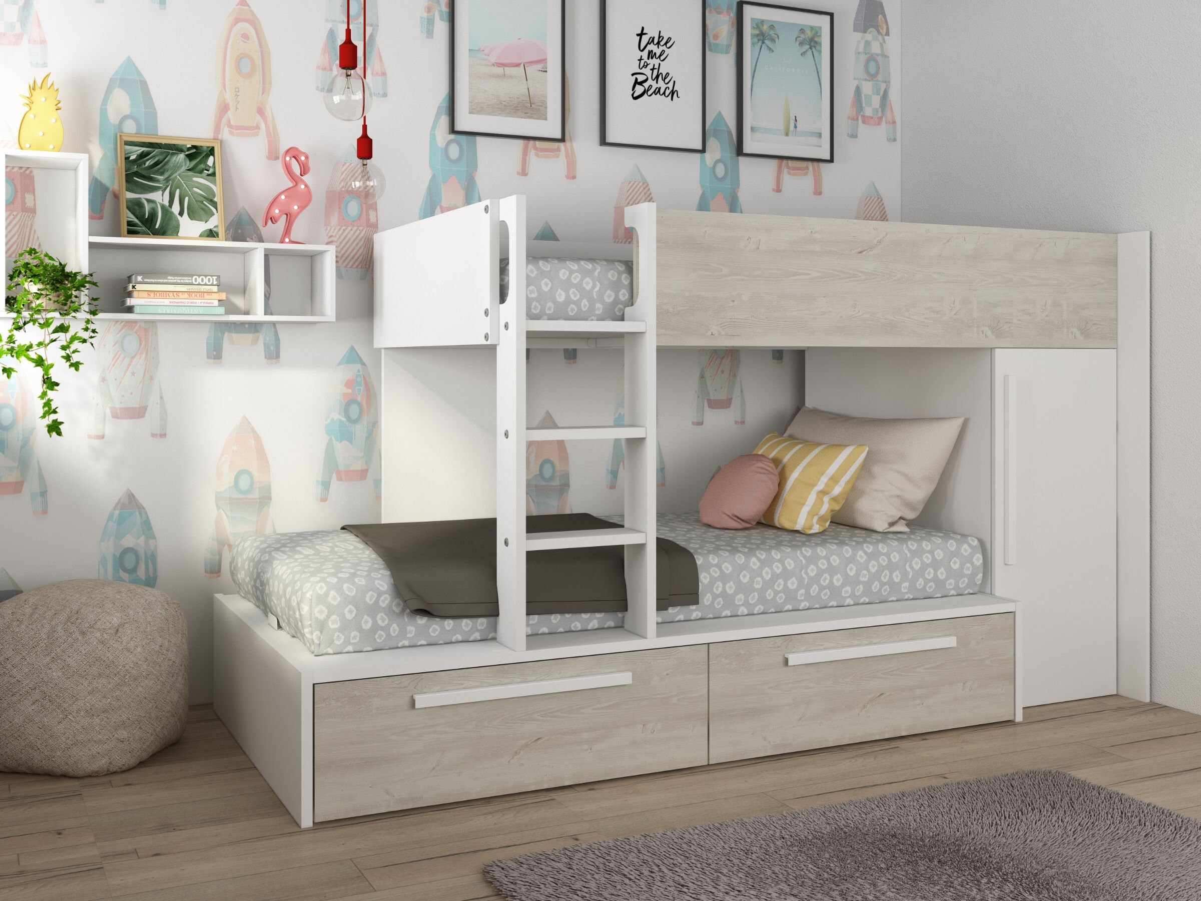 Onyx Køyeseng med garderobe 90x200 - Hvit/Natur