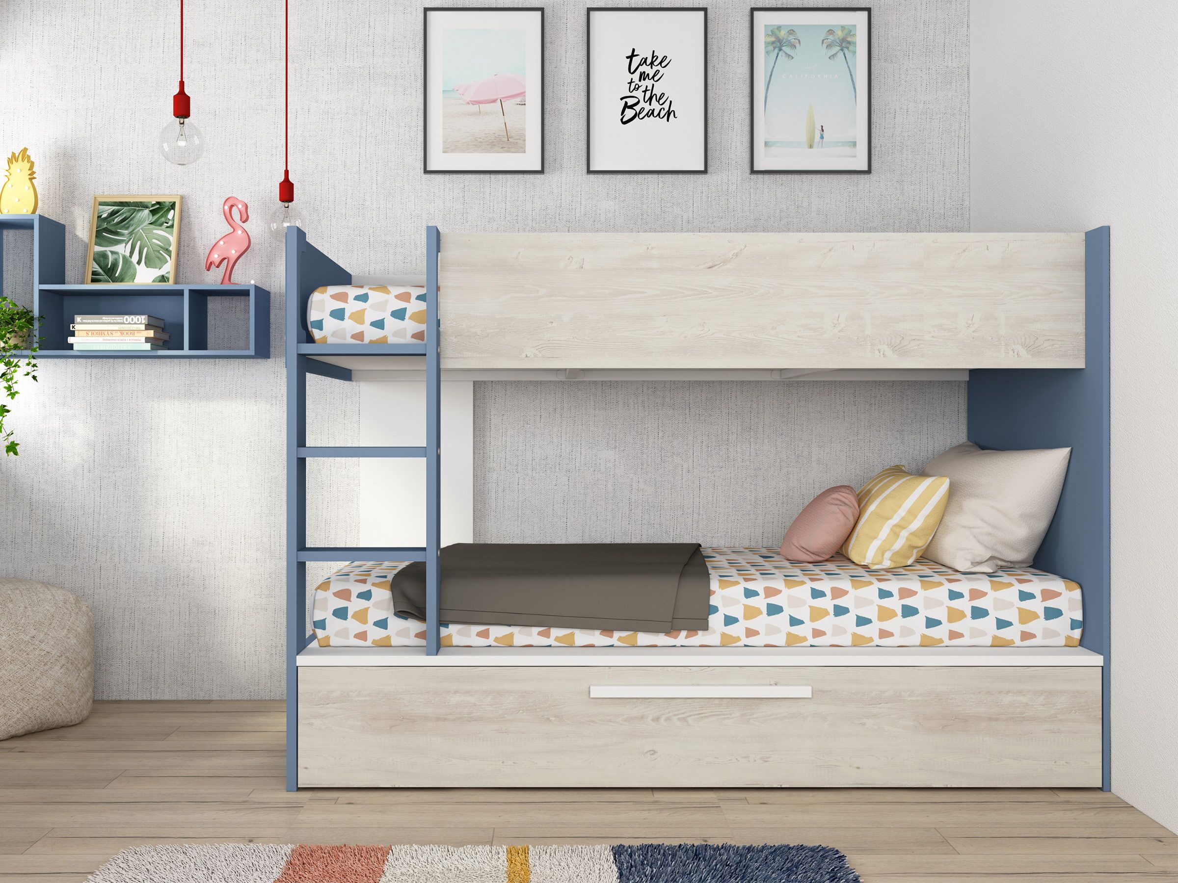 Silver Køyeseng med Uttrekkbar Gjesteseng 90x200 - Blå/Natur