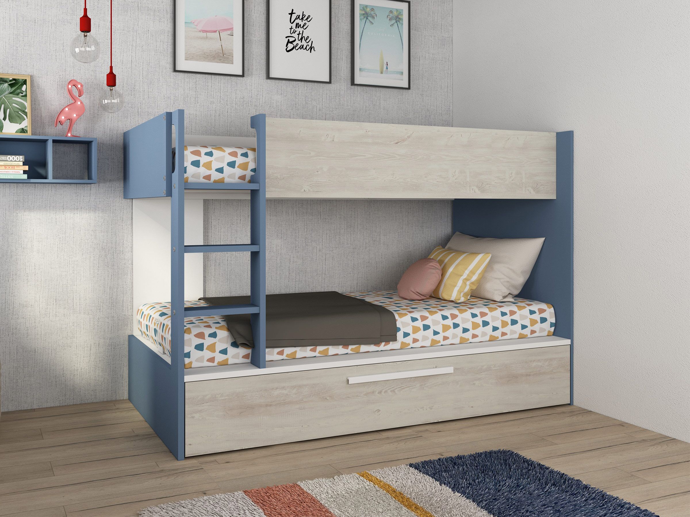 Silver Køyeseng med Uttrekkbar Gjesteseng 90x200 - Blå/Natur