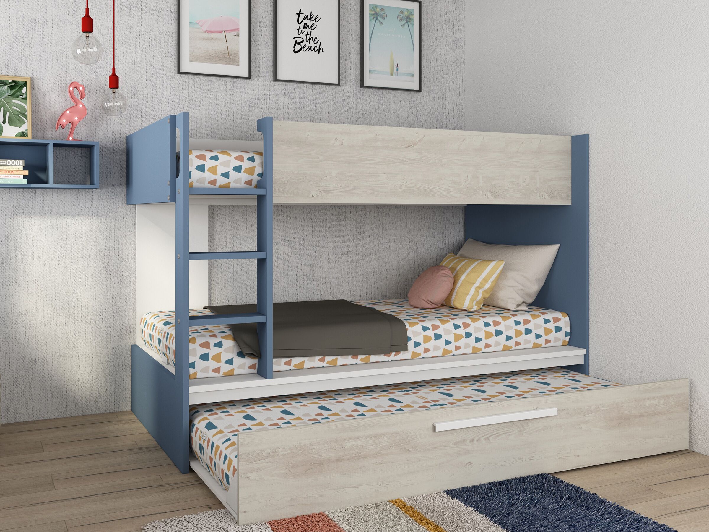 Silver Køyeseng med Uttrekkbar Gjesteseng 90x200 - Blå/Natur