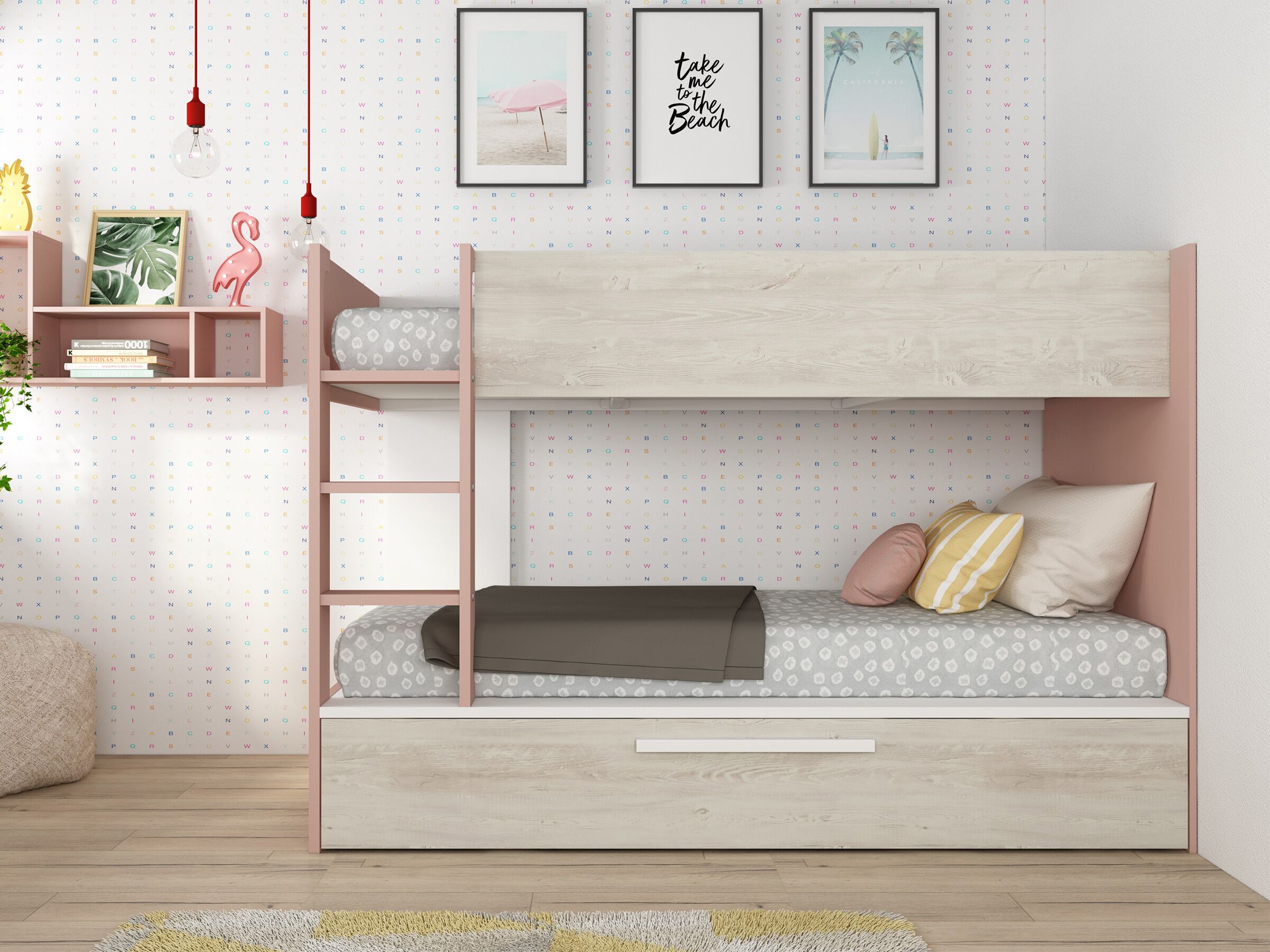 Silver Køyeseng med Uttrekkbar Gjesteseng 90x200 - Rosa/Natur