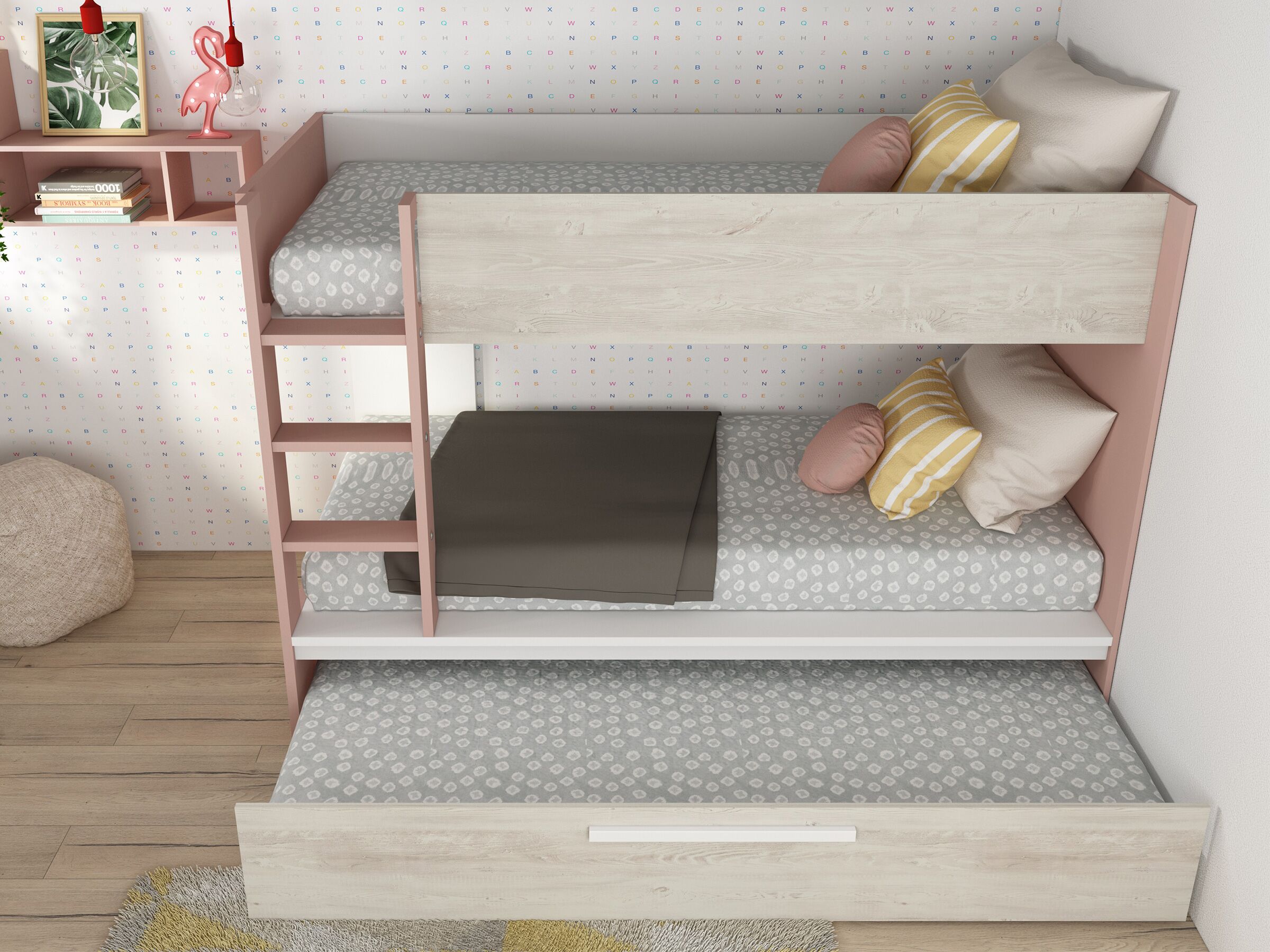 Silver Køyeseng med Uttrekkbar Gjesteseng 90x200 - Rosa/Natur