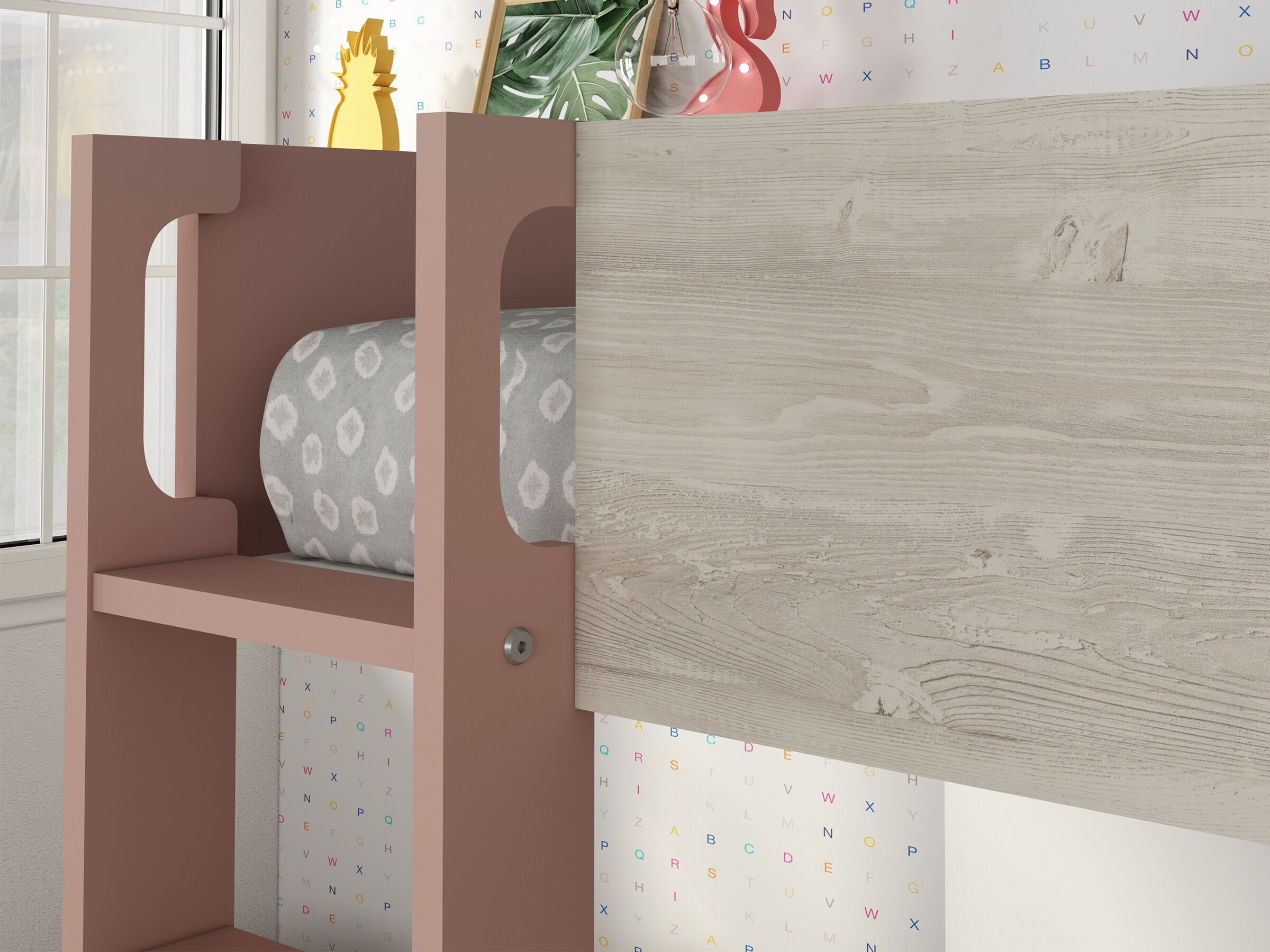 Silver Køyeseng med Uttrekkbar Gjesteseng 90x200 - Rosa/Natur