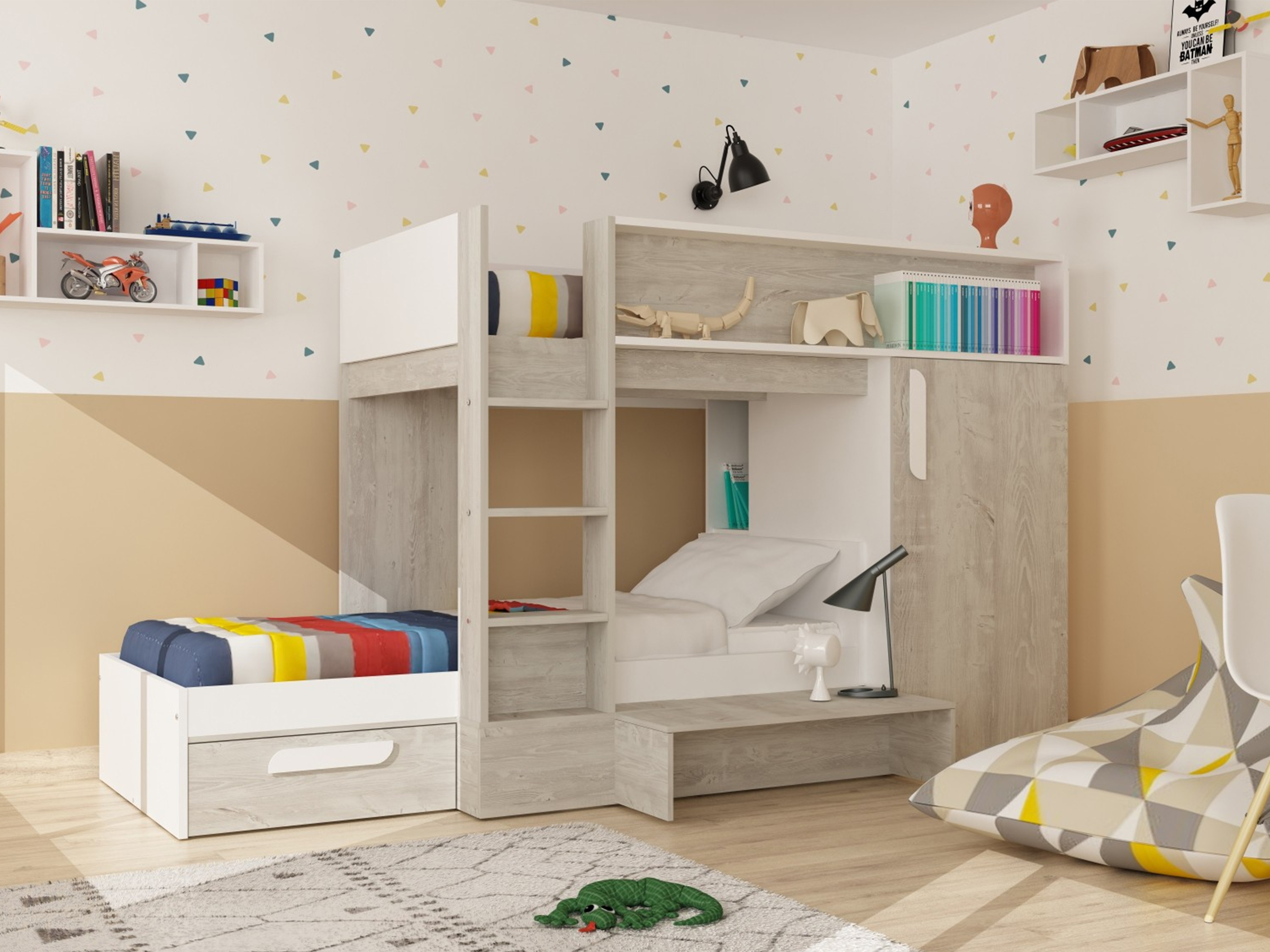 Knox Køyeseng med Garderobeskap og Skuff 90x200 - Hvit/Natur