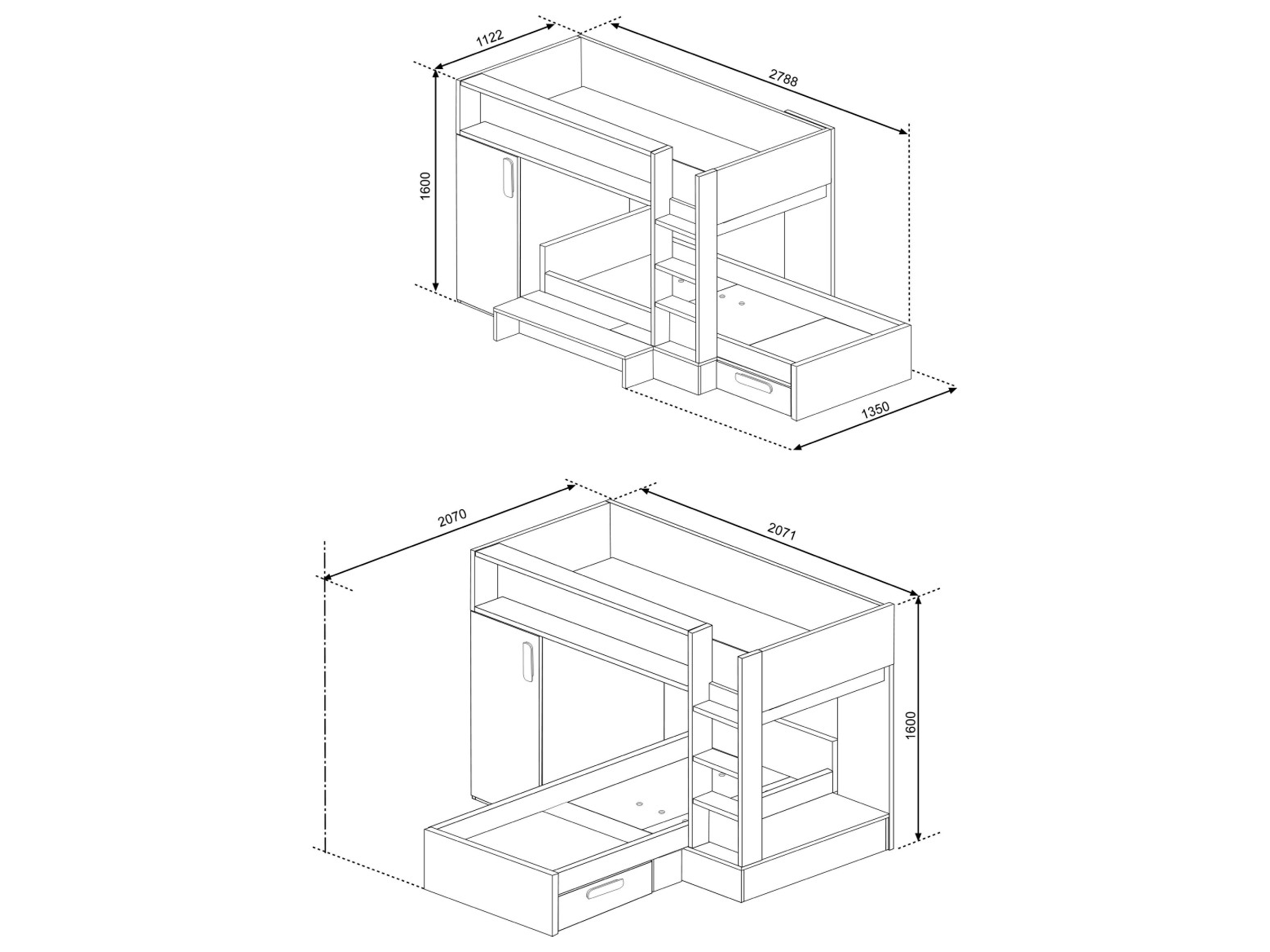 Knox Køyeseng med Garderobeskap og Skuff 90x200 - Hvit/Natur