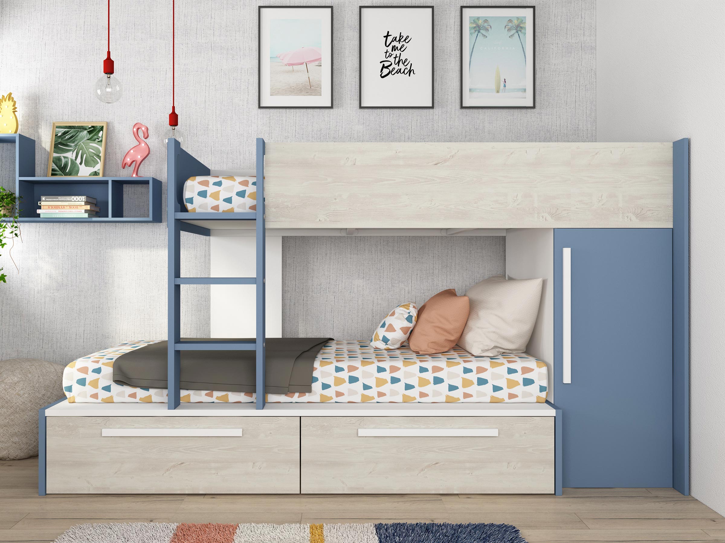 Onyx Køyeseng med Garderobe 90x200 - Blå/Natur