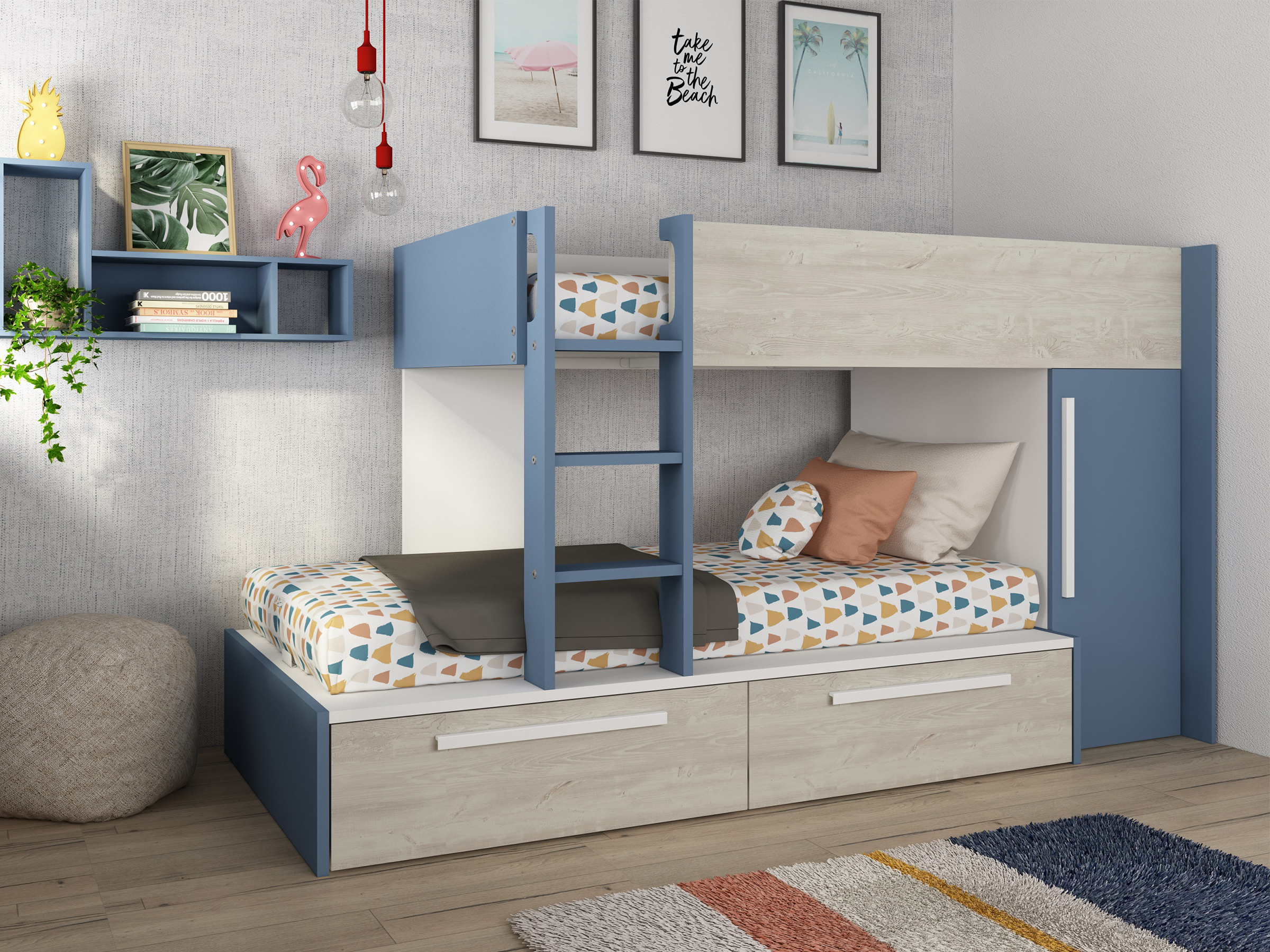 Onyx Køyeseng med Garderobe 90x200 - Blå/Natur