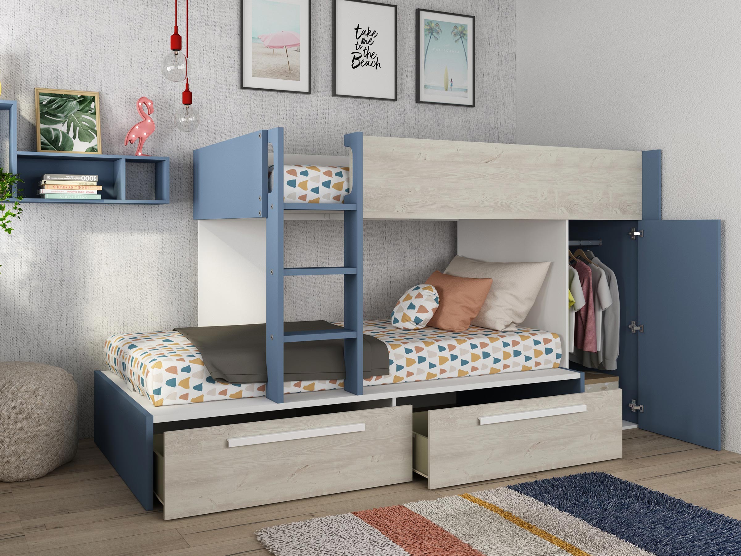 Onyx Køyeseng med Garderobe 90x200 - Blå/Natur