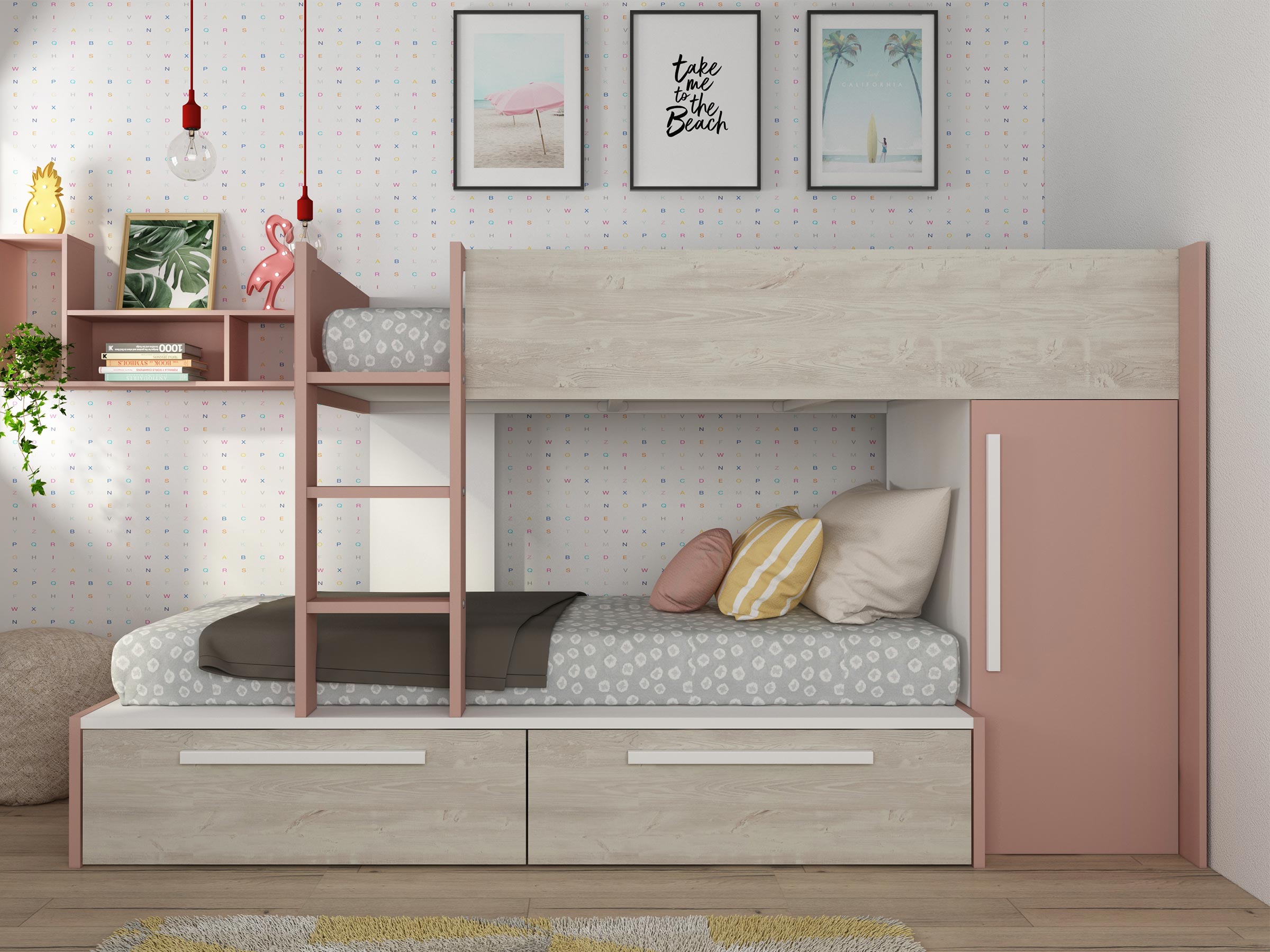Onyx Køyeseng med garderobe 90x200 - Rosa/Natur