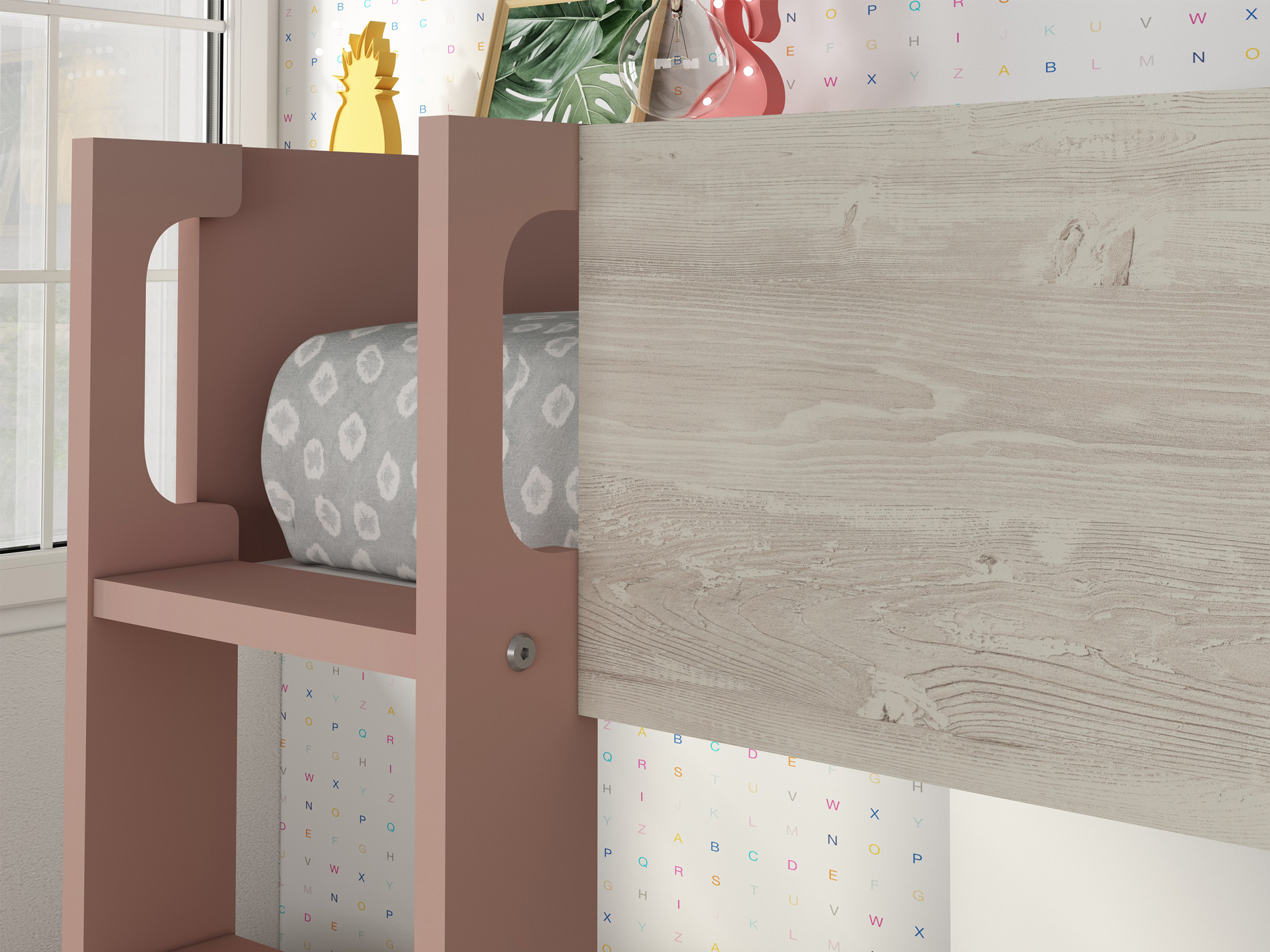 Onyx Køyeseng med garderobe 90x200 - Rosa/Natur