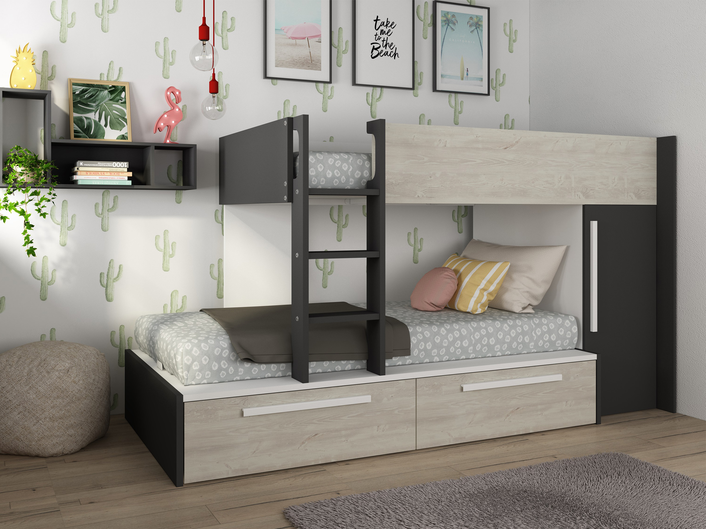 Onyx Køyeseng med Garderobe 90x200 - Sort/Natur