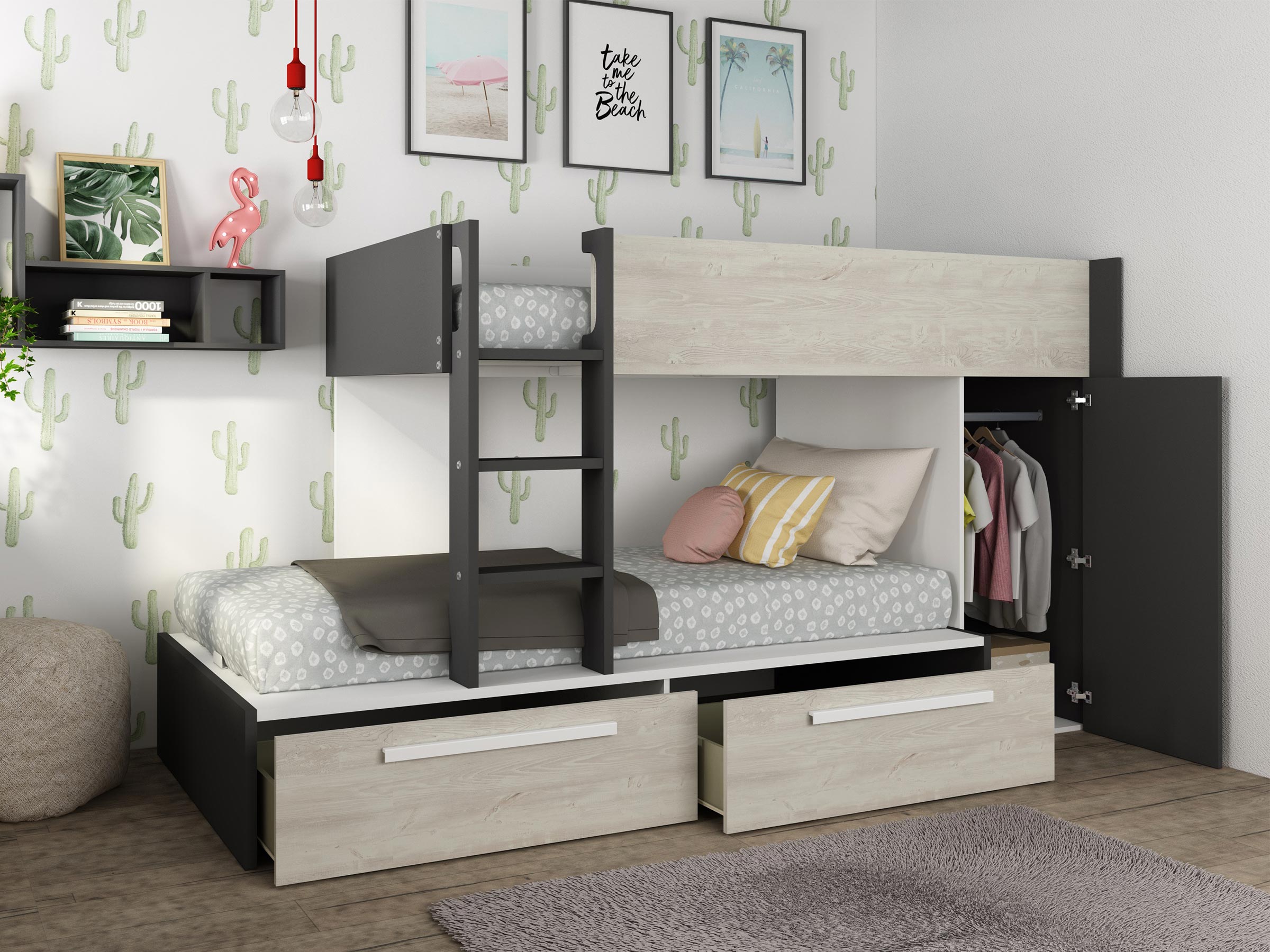 Onyx Køyeseng med Garderobe 90x200 - Sort/Natur