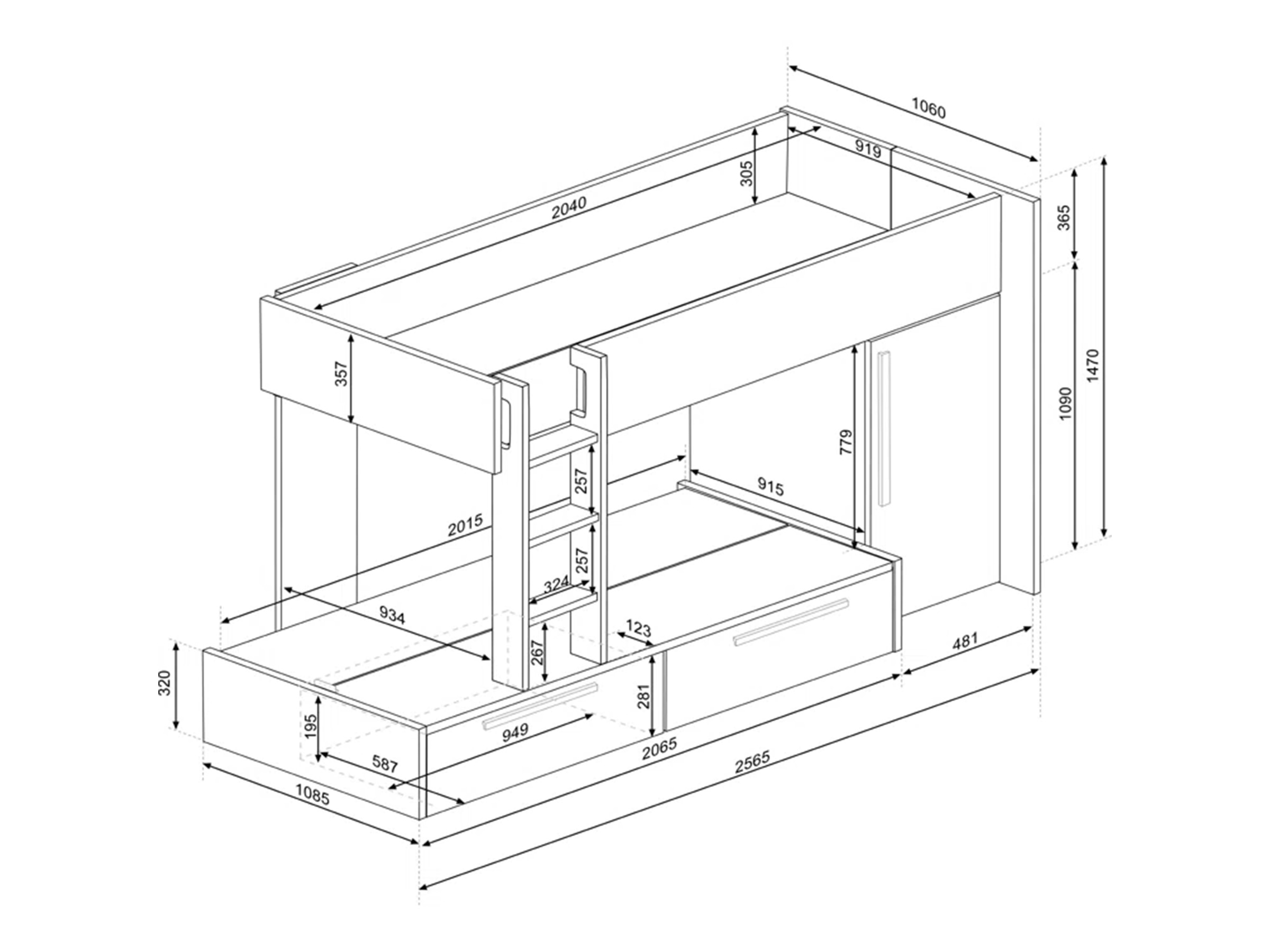 Onyx Køyeseng med Garderobe 90x200 - Sort/Natur