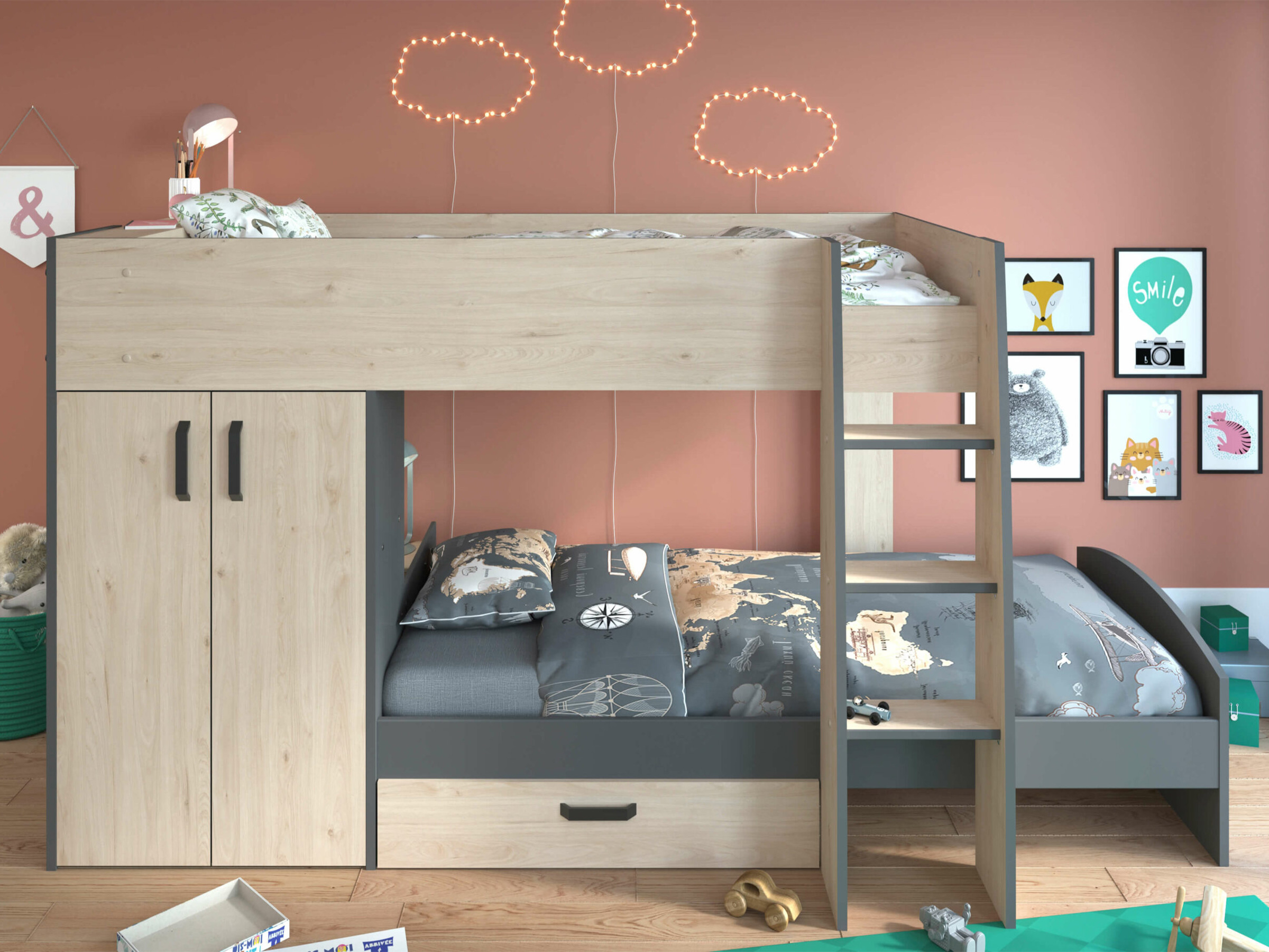 Desert Sand Køyeseng med Garderobe 90x200 - Natur/Grå